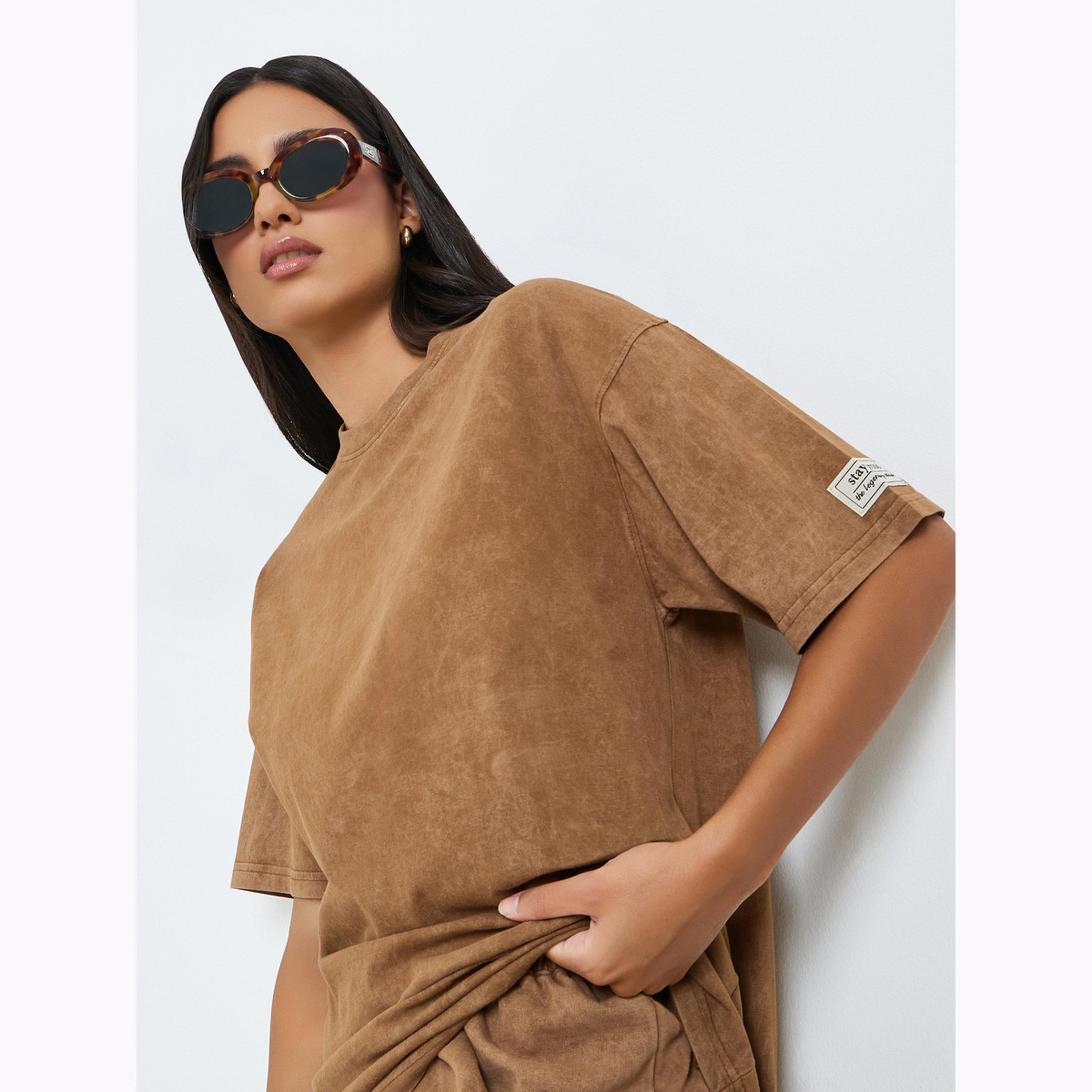 Styli Brown Acid Wash Oversized T-Shirt-women-clothing-tshirts-image-3