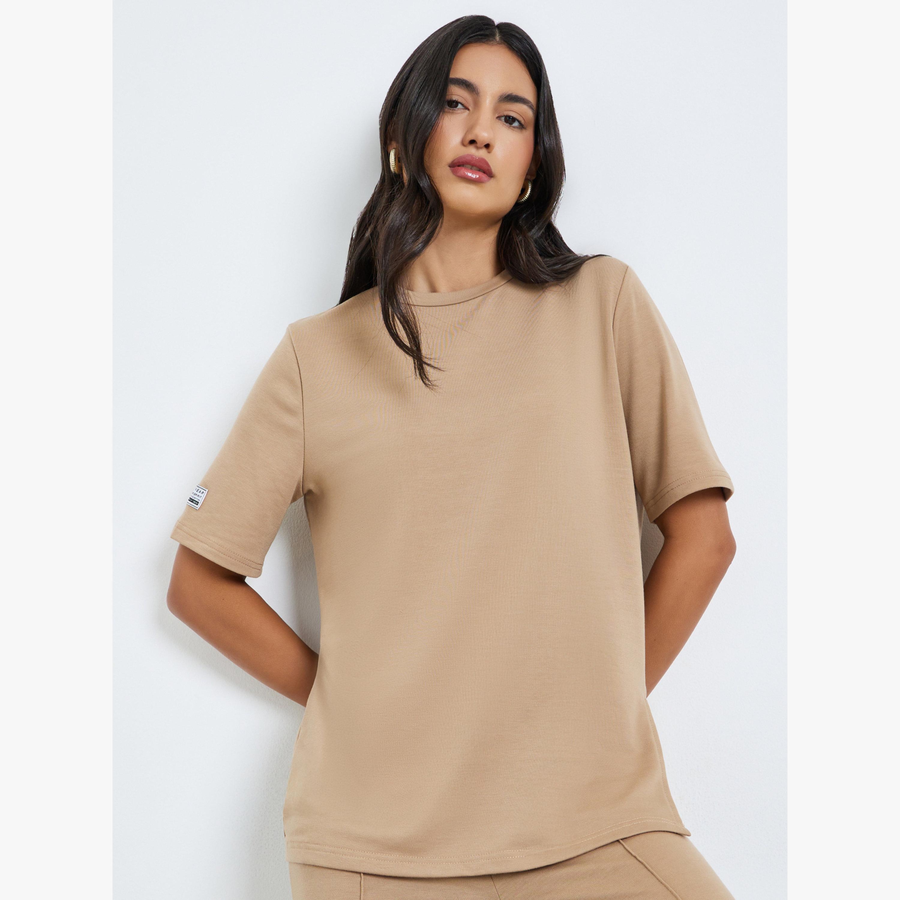 Styli Beige Oversized Terry T-Shirt with Side Slits-women-clothing-tshirts-image-1