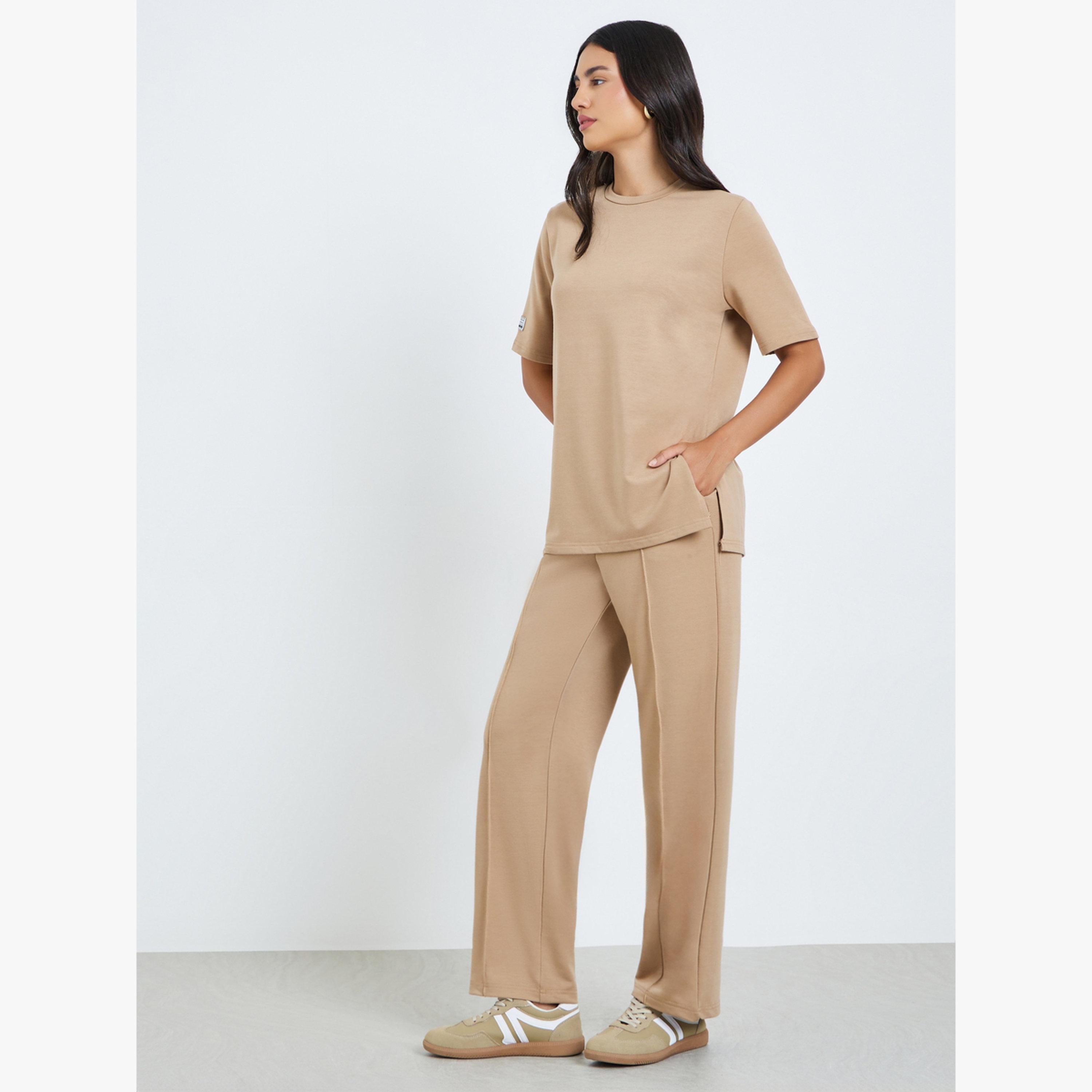 Styli Beige Oversized Terry T-Shirt with Side Slits-women-clothing-tshirts-image-2