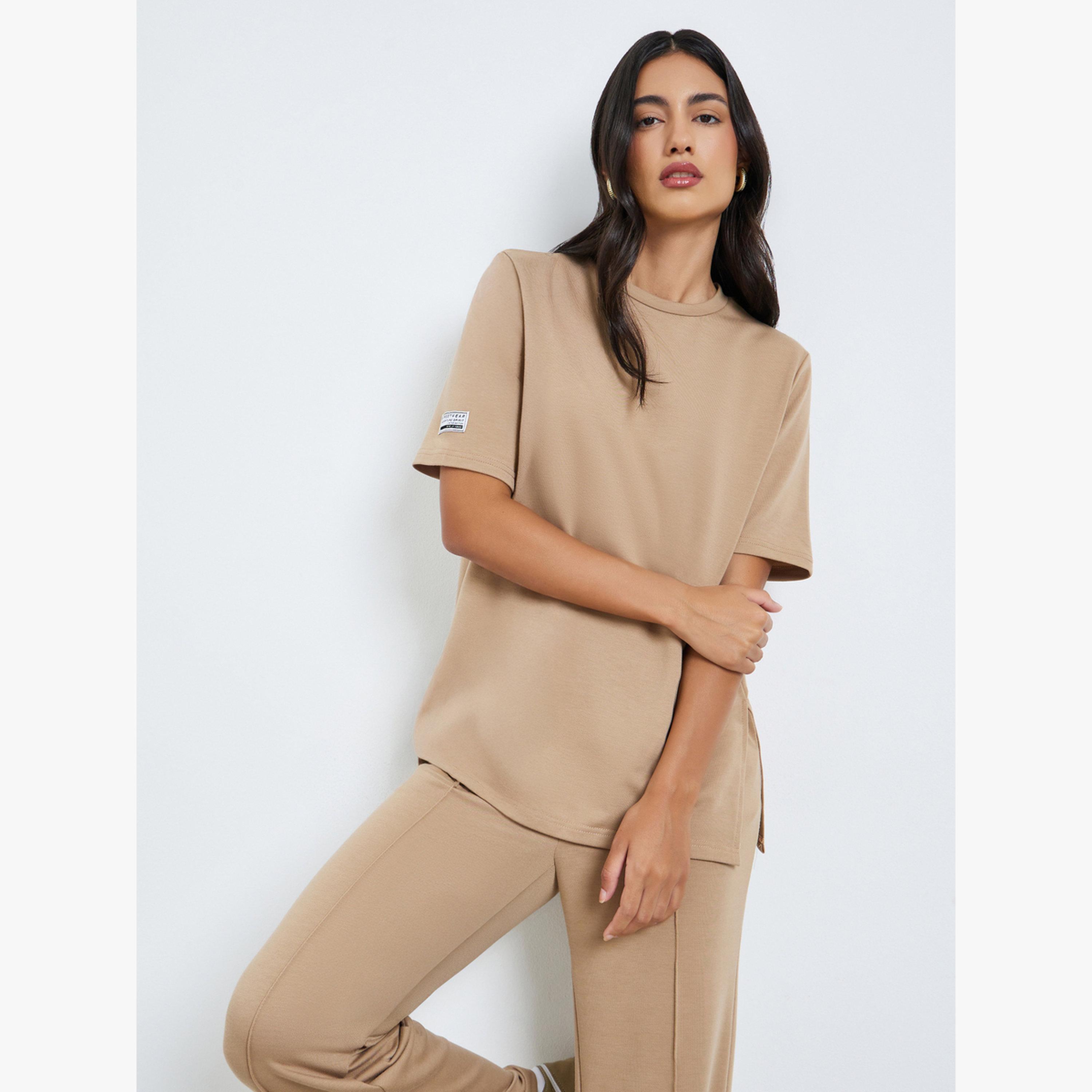 Styli Beige Oversized Terry T-Shirt with Side Slits-women-clothing-tshirts-image-3