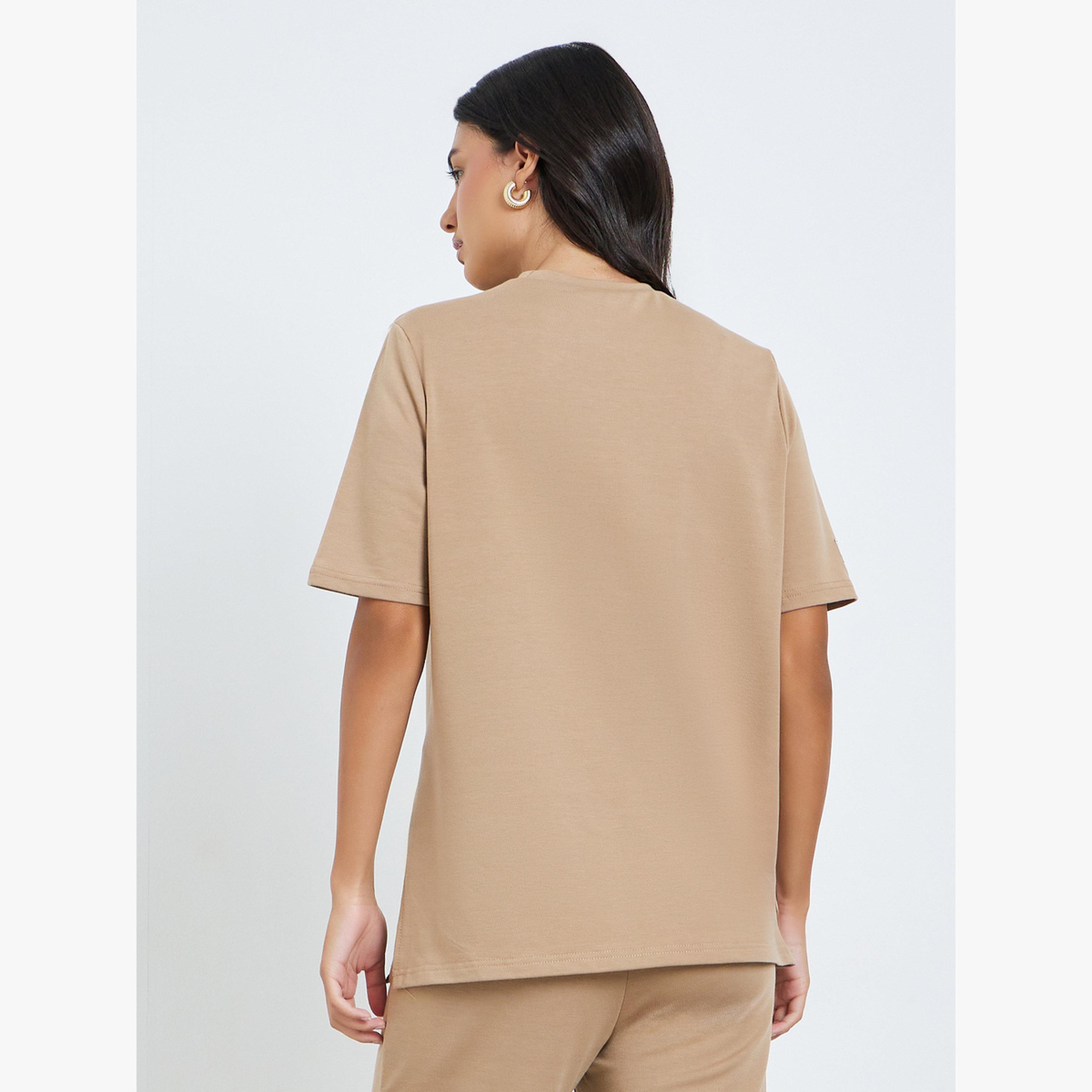 Styli Beige Oversized Terry T-Shirt with Side Slits-women-clothing-tshirts-image-4