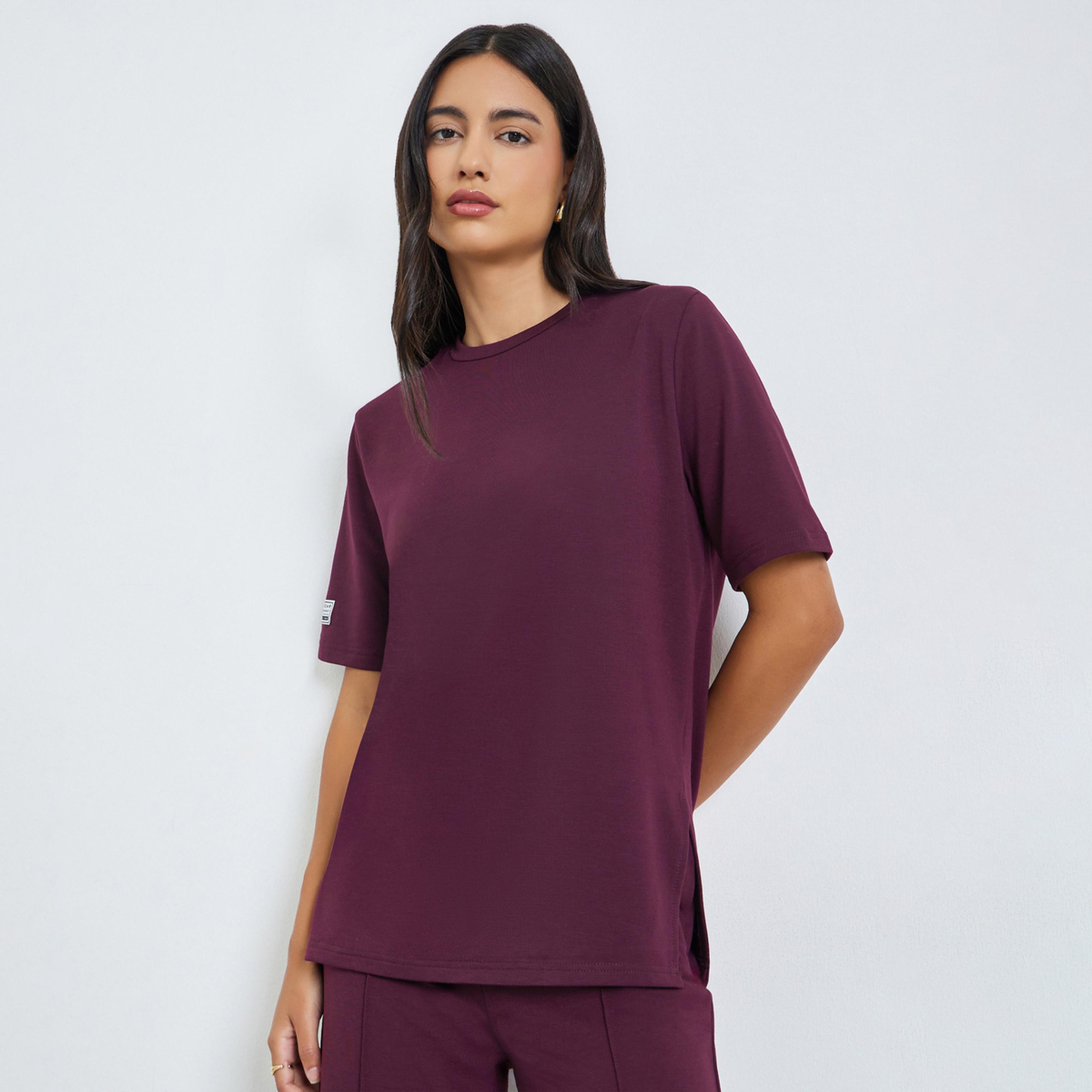 Styli Burgundy Short Sleeve Oversized T-Shirt-women-clothing-tshirts-image-1