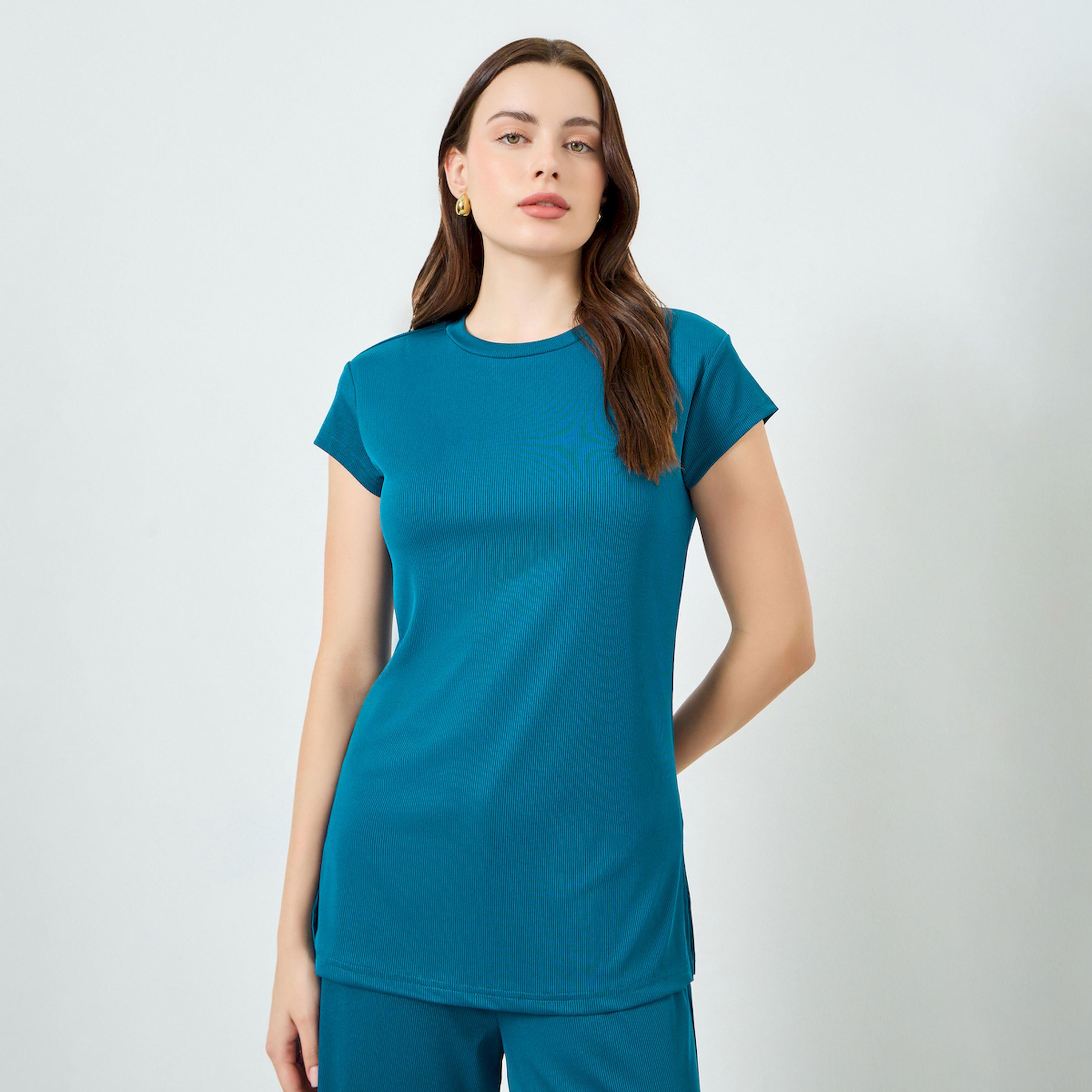 Styli Blue Ribbed T-Shirt with Side Slit-women-clothing-tshirts-image-1