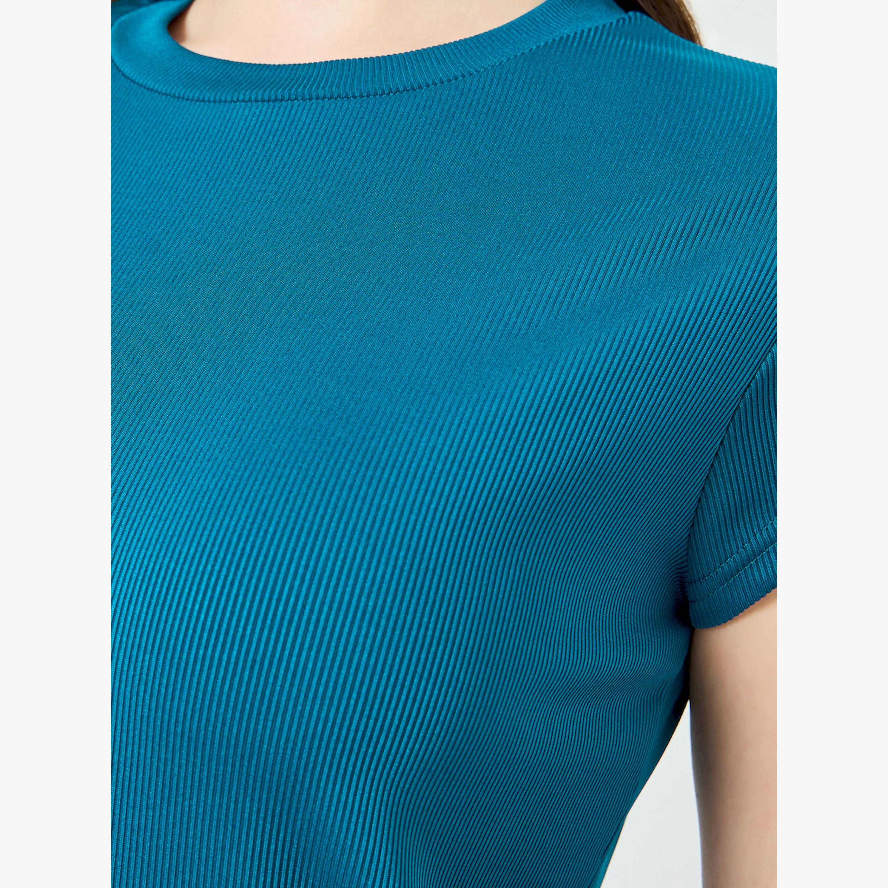 Styli Blue Ribbed T-Shirt with Side Slit-women-clothing-tshirts-image-4