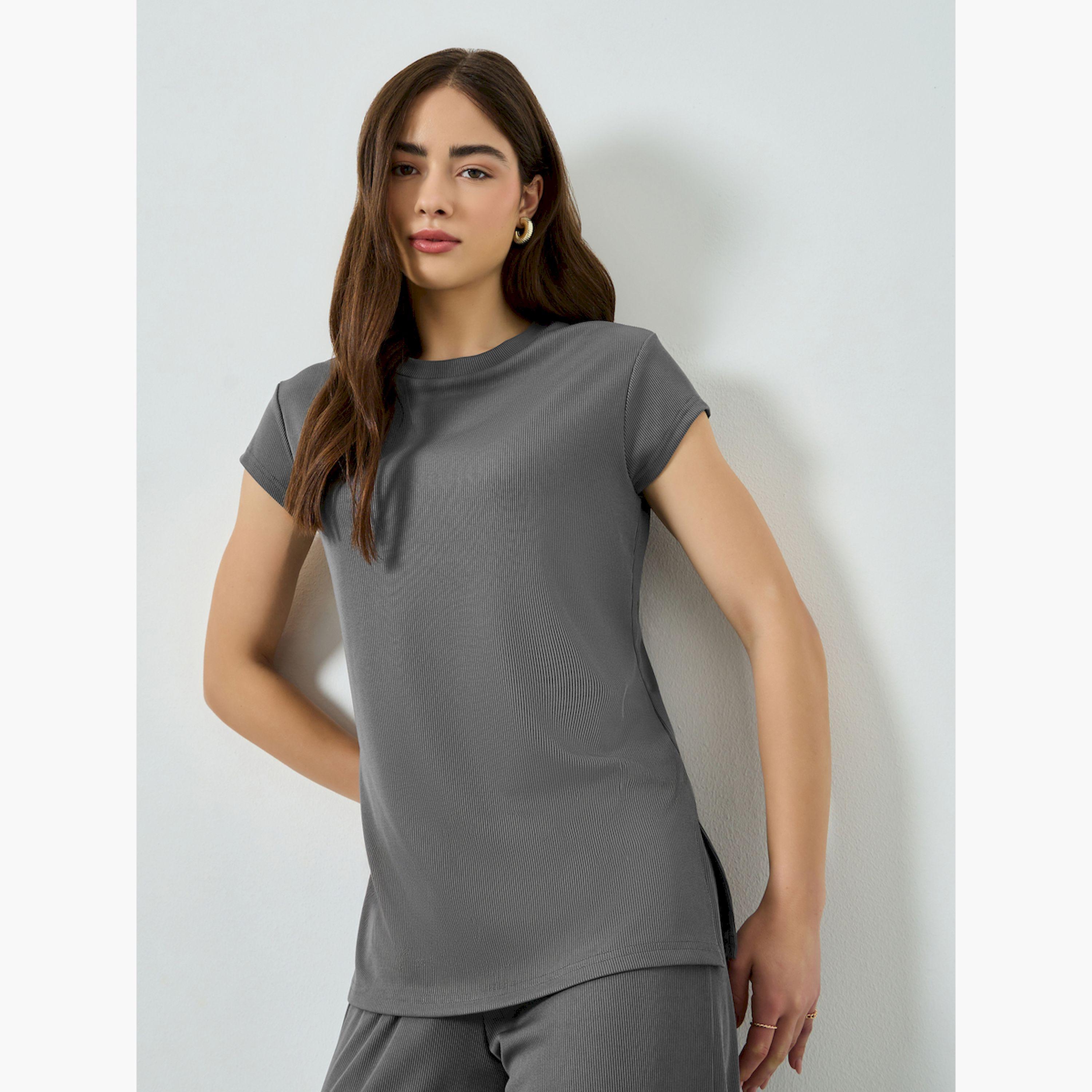 Styli Grey Ribbed T-Shirt with Side Slit-women-clothing-tshirts-image-1
