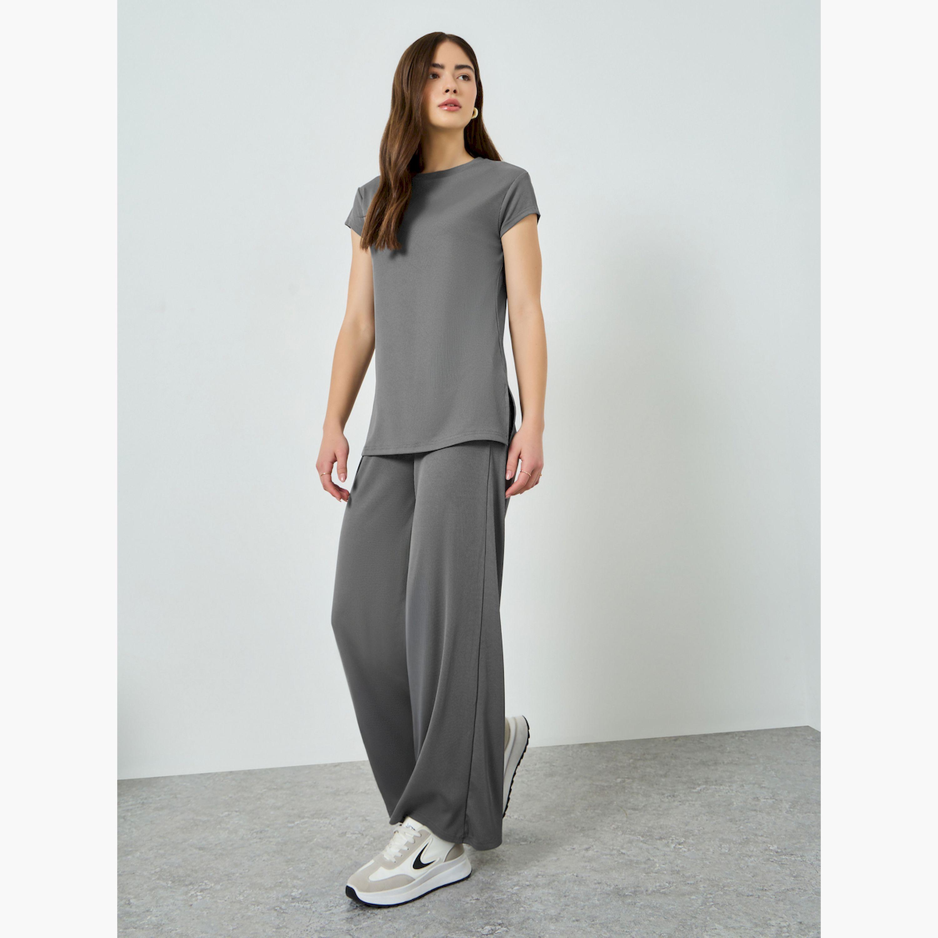 Styli Grey Ribbed T-Shirt with Side Slit-women-clothing-tshirts-image-2