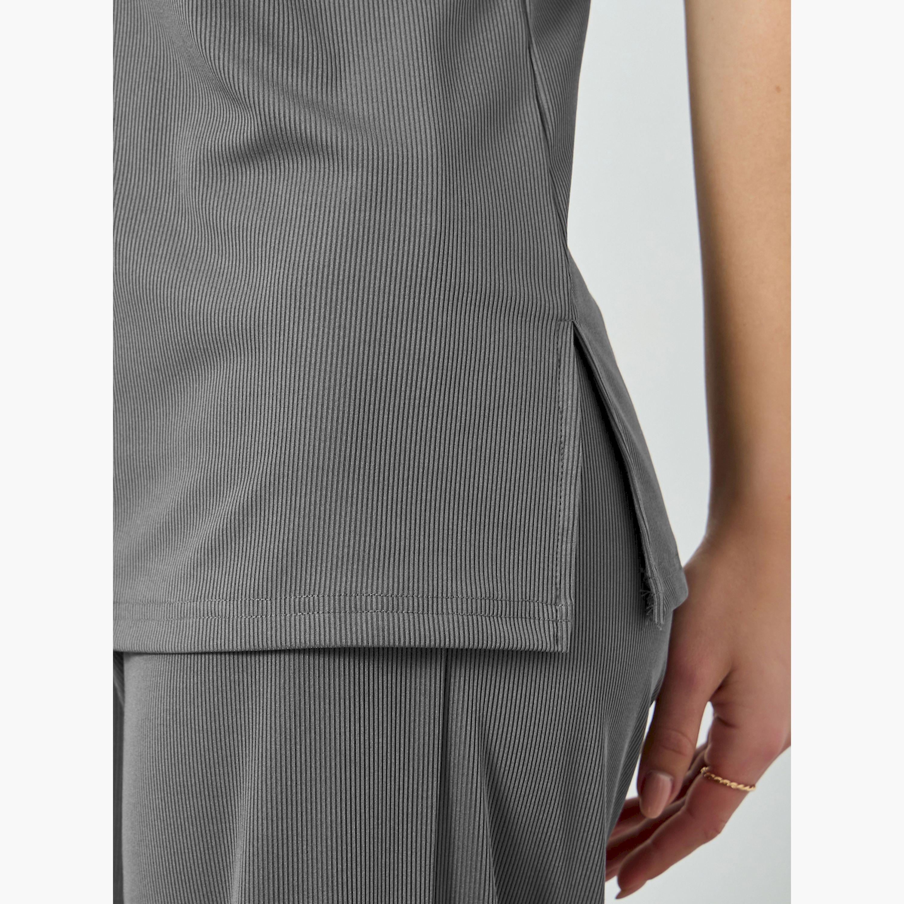 Styli Grey Ribbed T-Shirt with Side Slit-women-clothing-tshirts-image-4