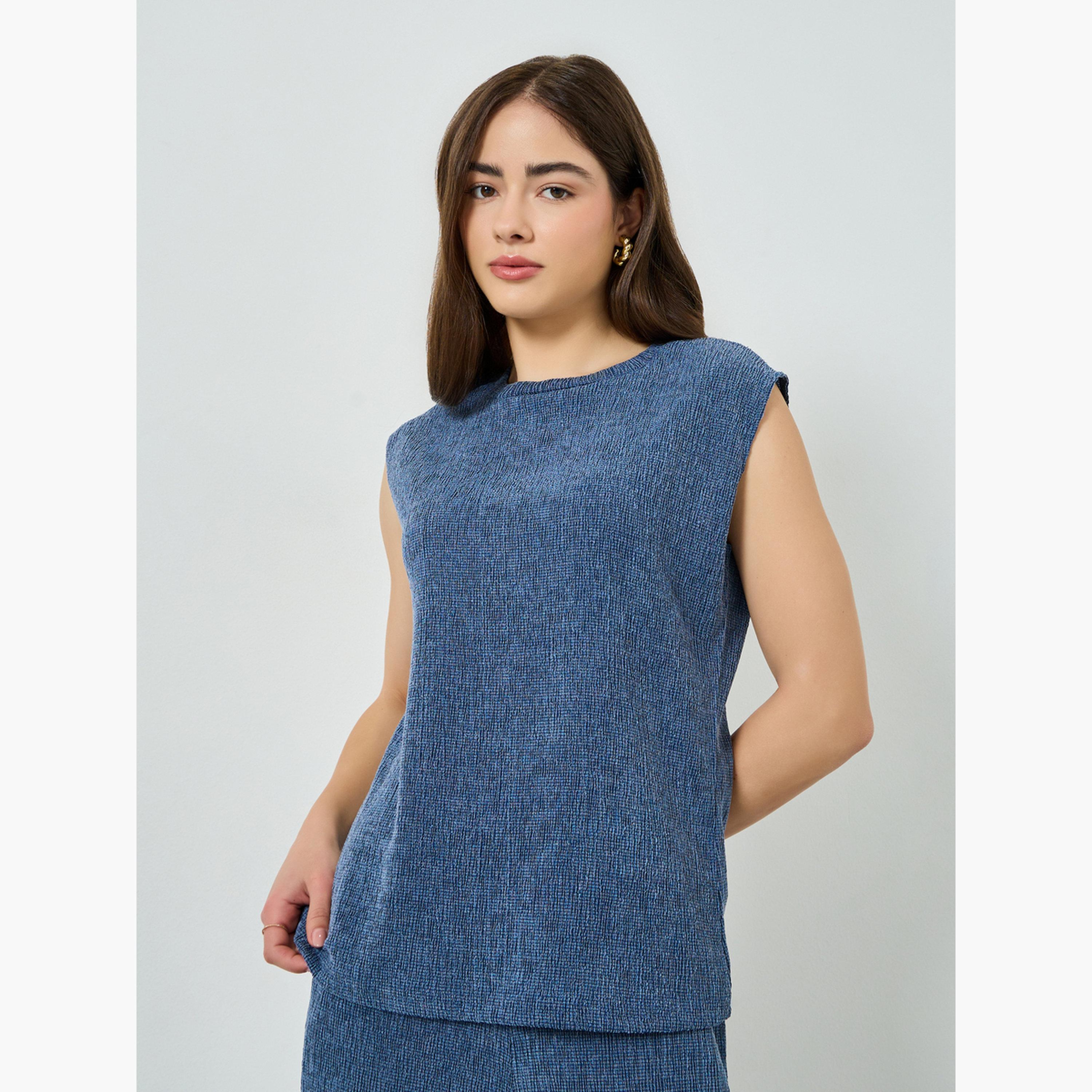 Styli Blue Textured Crepe Knit Top-women-clothing-shirtsandblouses-blouses-image-1