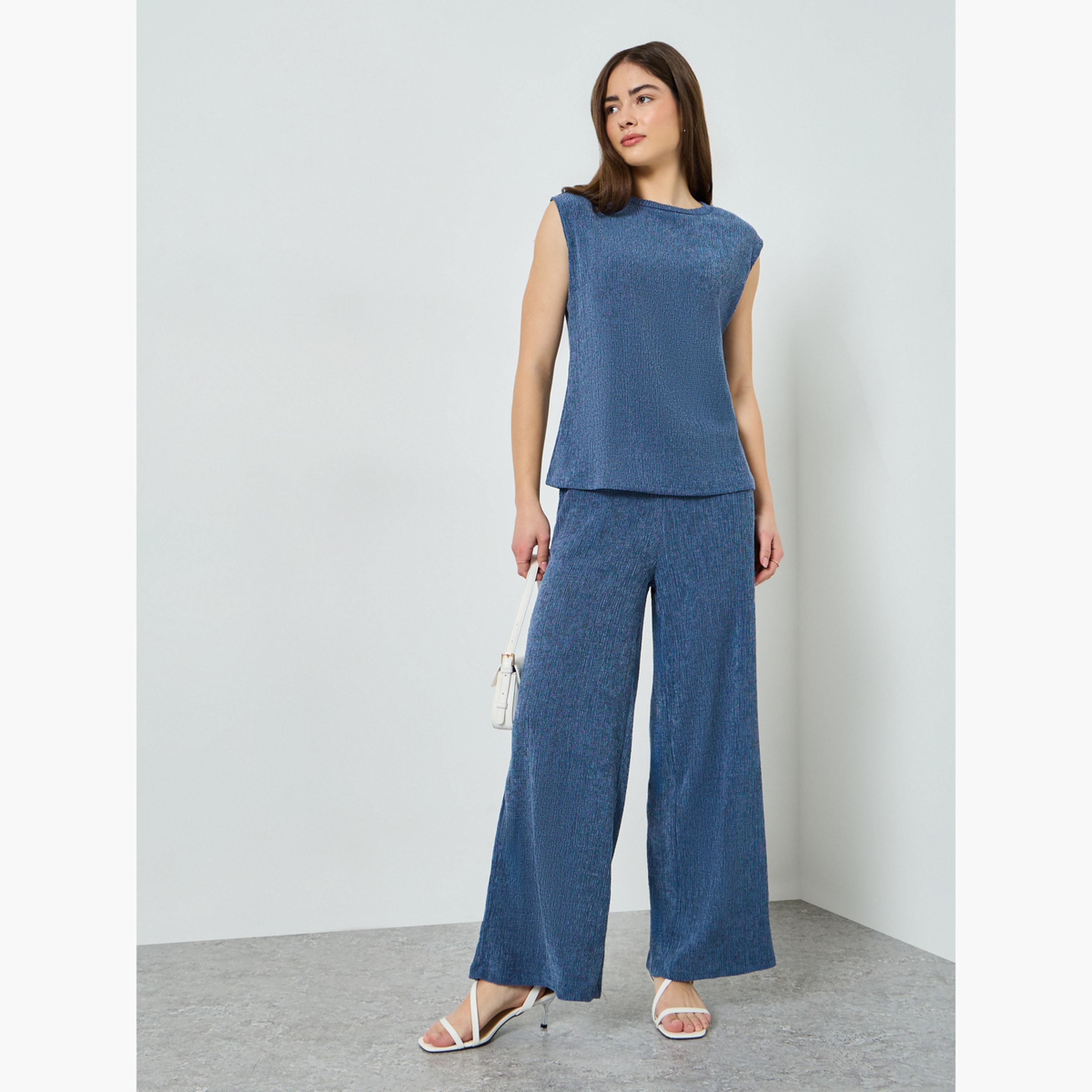 Styli Blue Textured Crepe Knit Top-women-clothing-shirtsandblouses-blouses-image-2