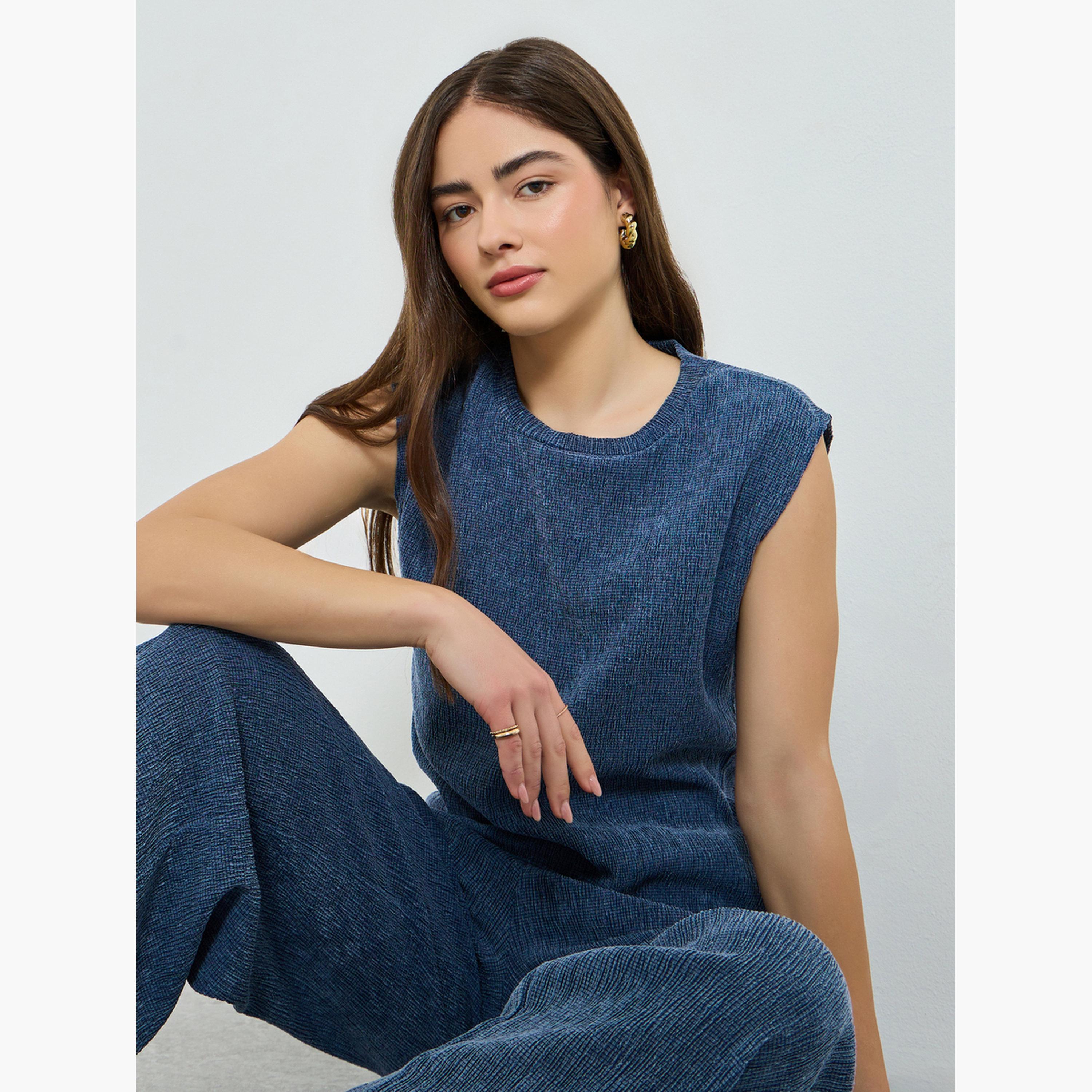 Styli Blue Textured Crepe Knit Top-women-clothing-shirtsandblouses-blouses-image-3