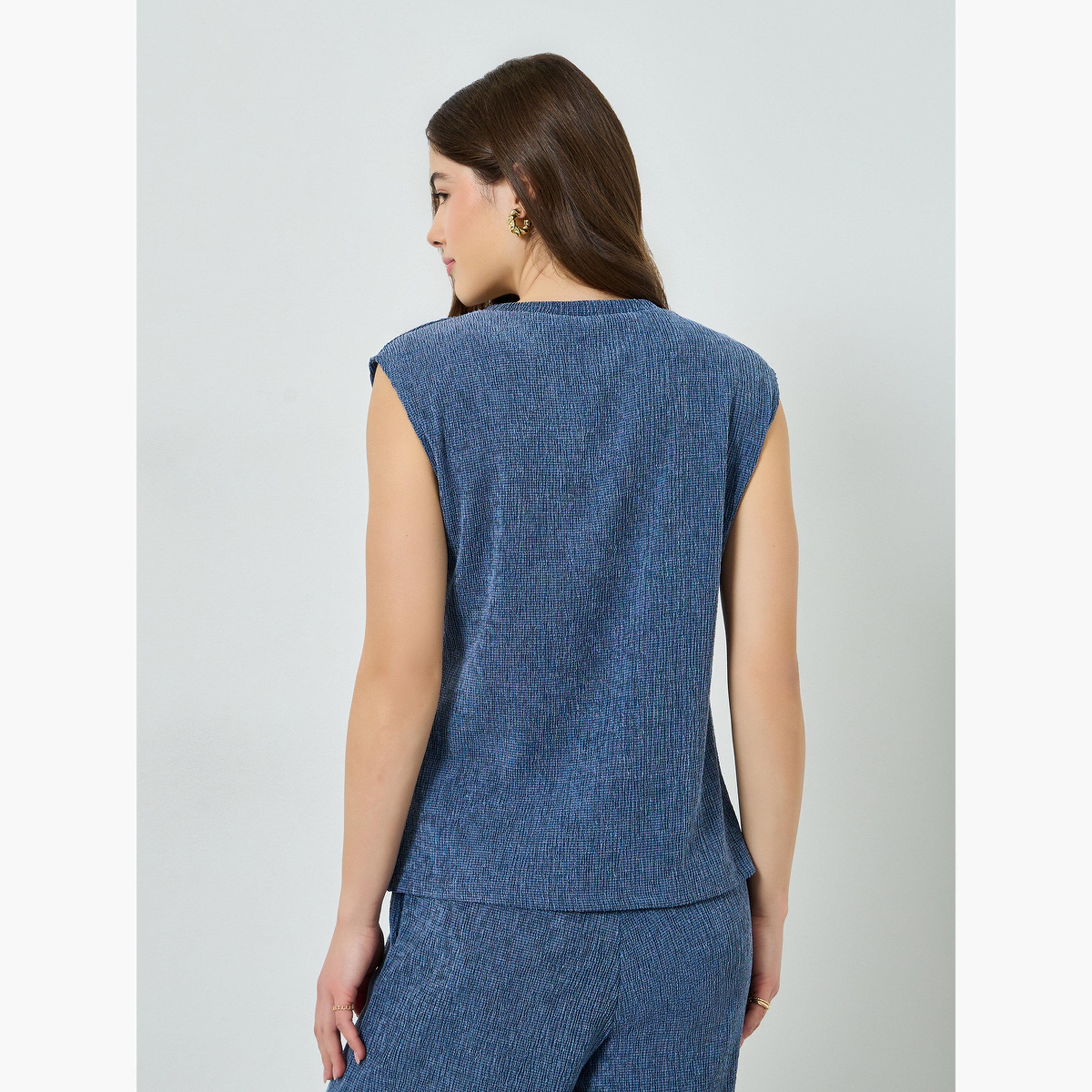 Styli Blue Textured Crepe Knit Top-women-clothing-shirtsandblouses-blouses-image-5