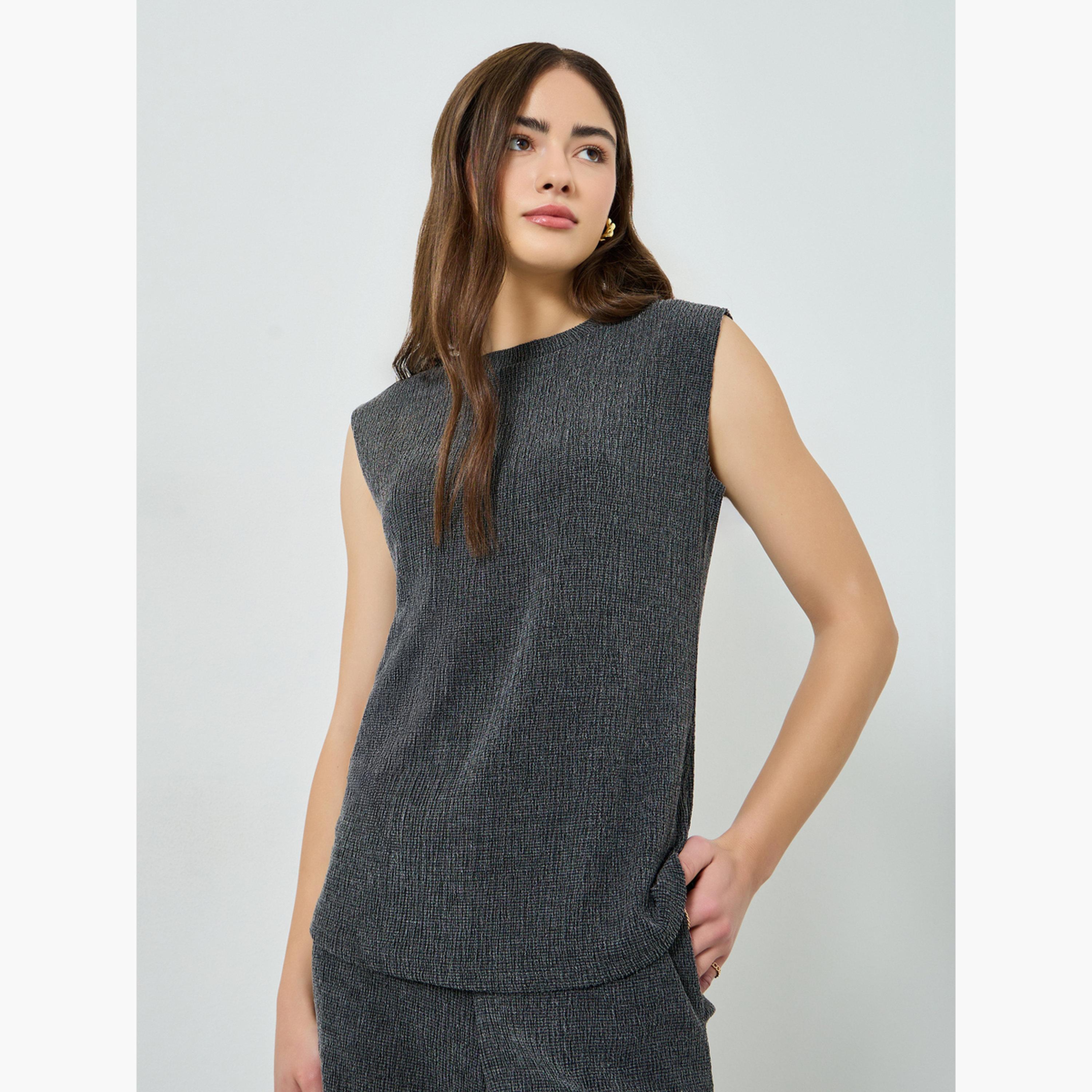 Styli Charcoal Textured Crepe Knit Top-women-clothing-shirtsandblouses-blouses-image-1