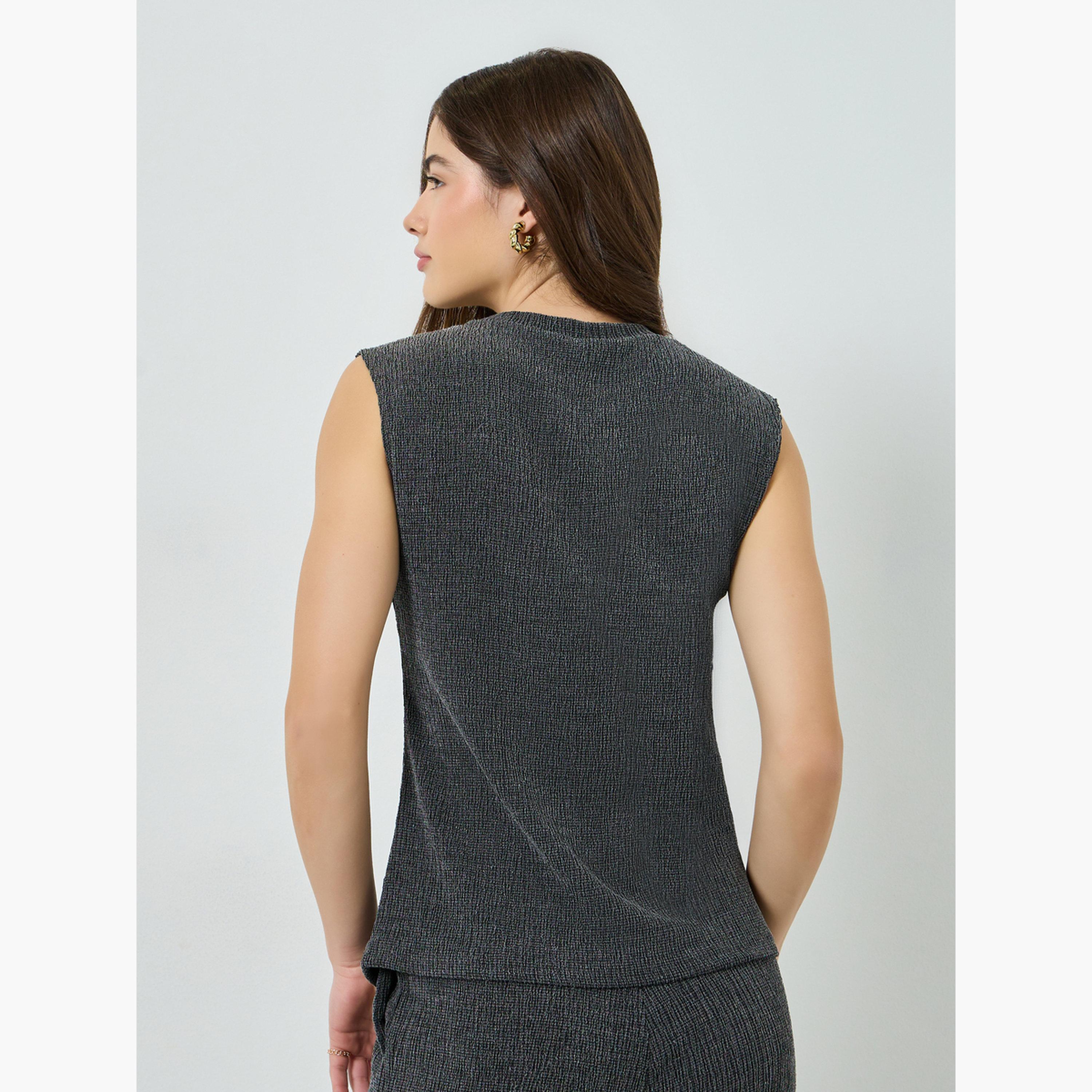 Styli Charcoal Textured Crepe Knit Top-women-clothing-shirtsandblouses-blouses-image-4