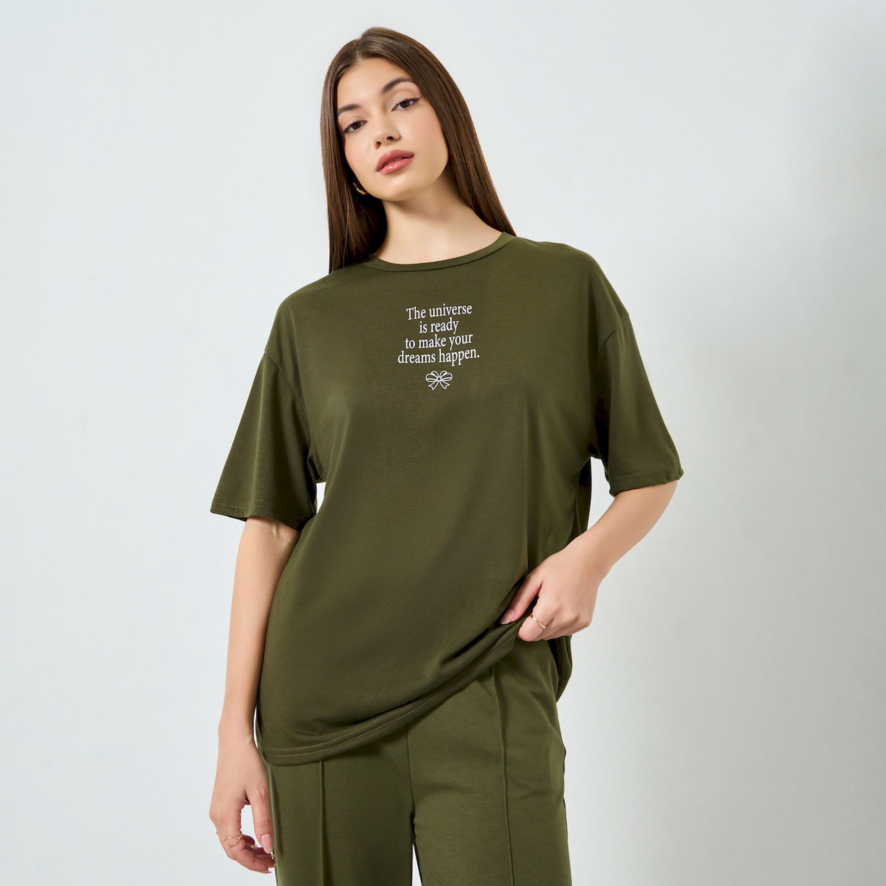 Styli Olive Slogan Print Oversized T-Shirt-women-clothing-tshirts-image-1