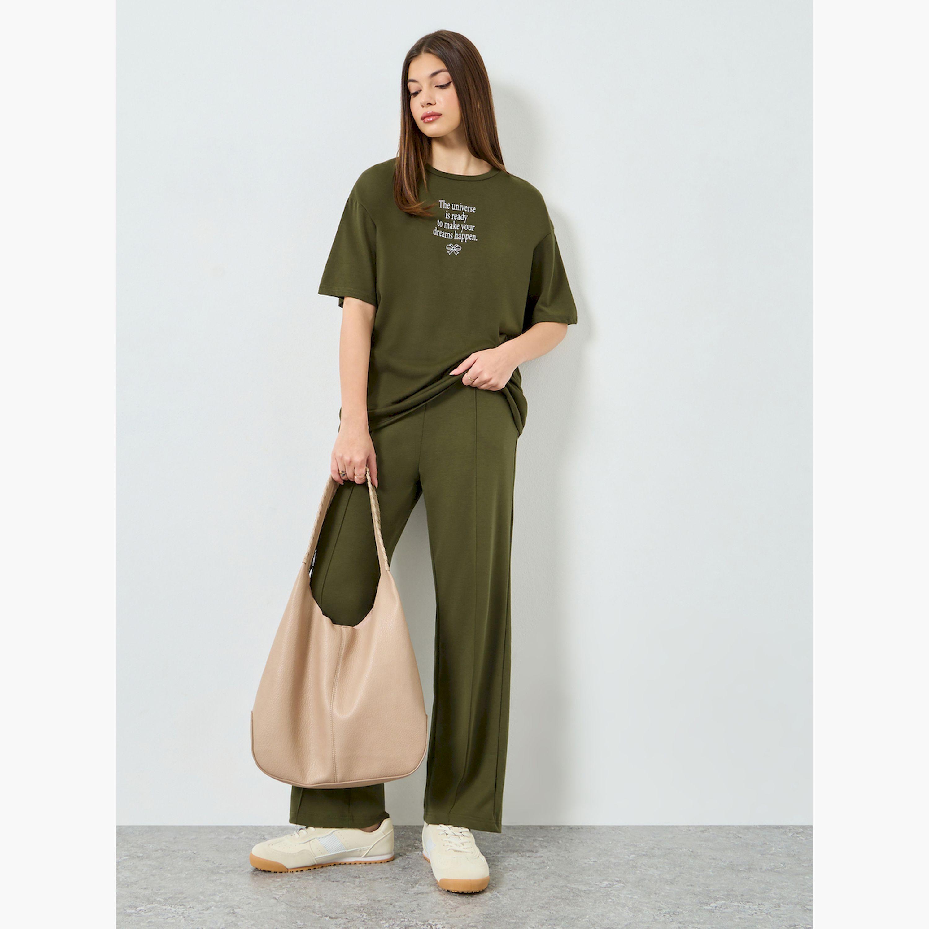 Styli Olive Slogan Print Oversized T-Shirt-women-clothing-tshirts-image-2