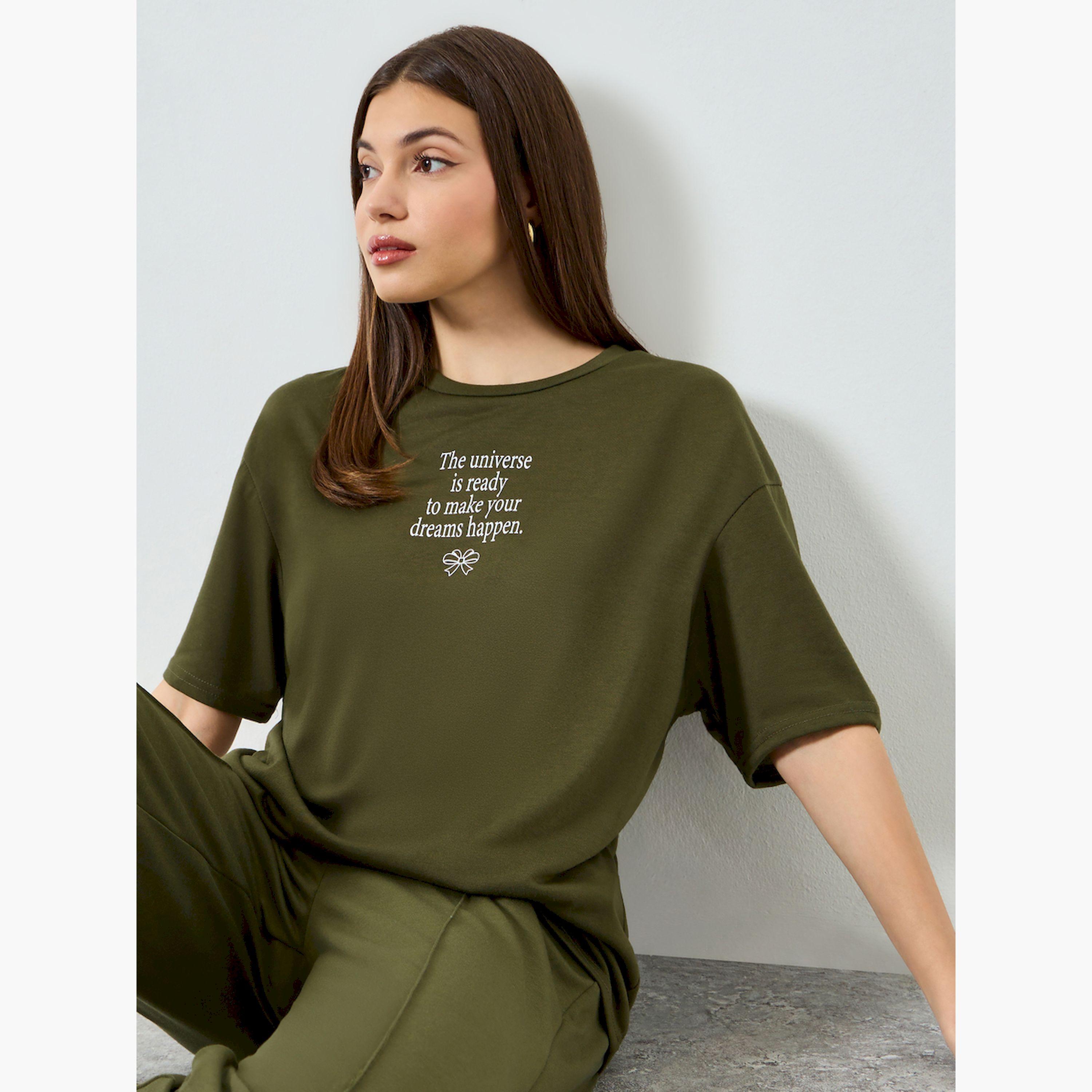 Styli Olive Slogan Print Oversized T-Shirt-women-clothing-tshirts-image-3
