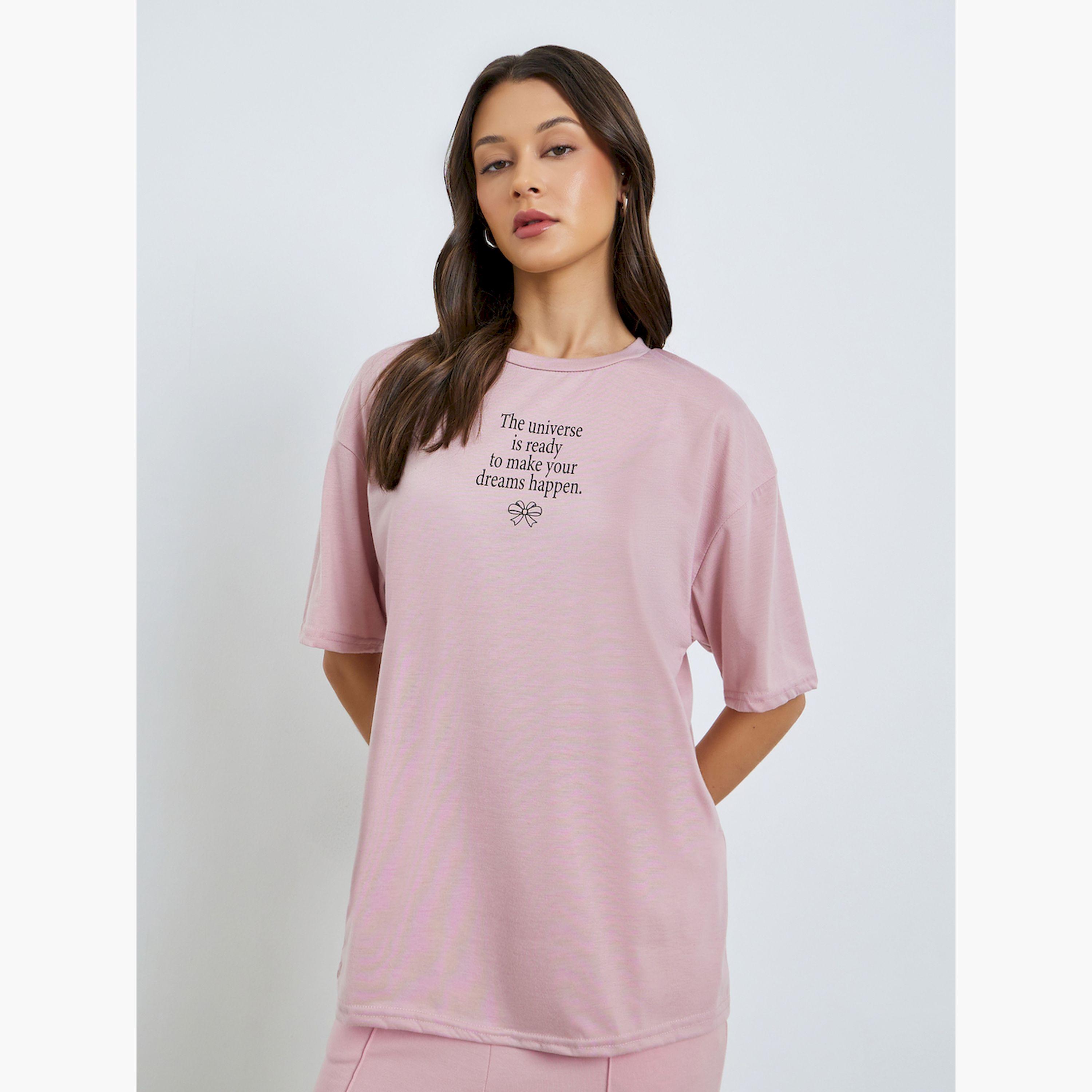 Styli Pink Slogan Print Oversized T-Shirt-women-clothing-tshirts-image-1