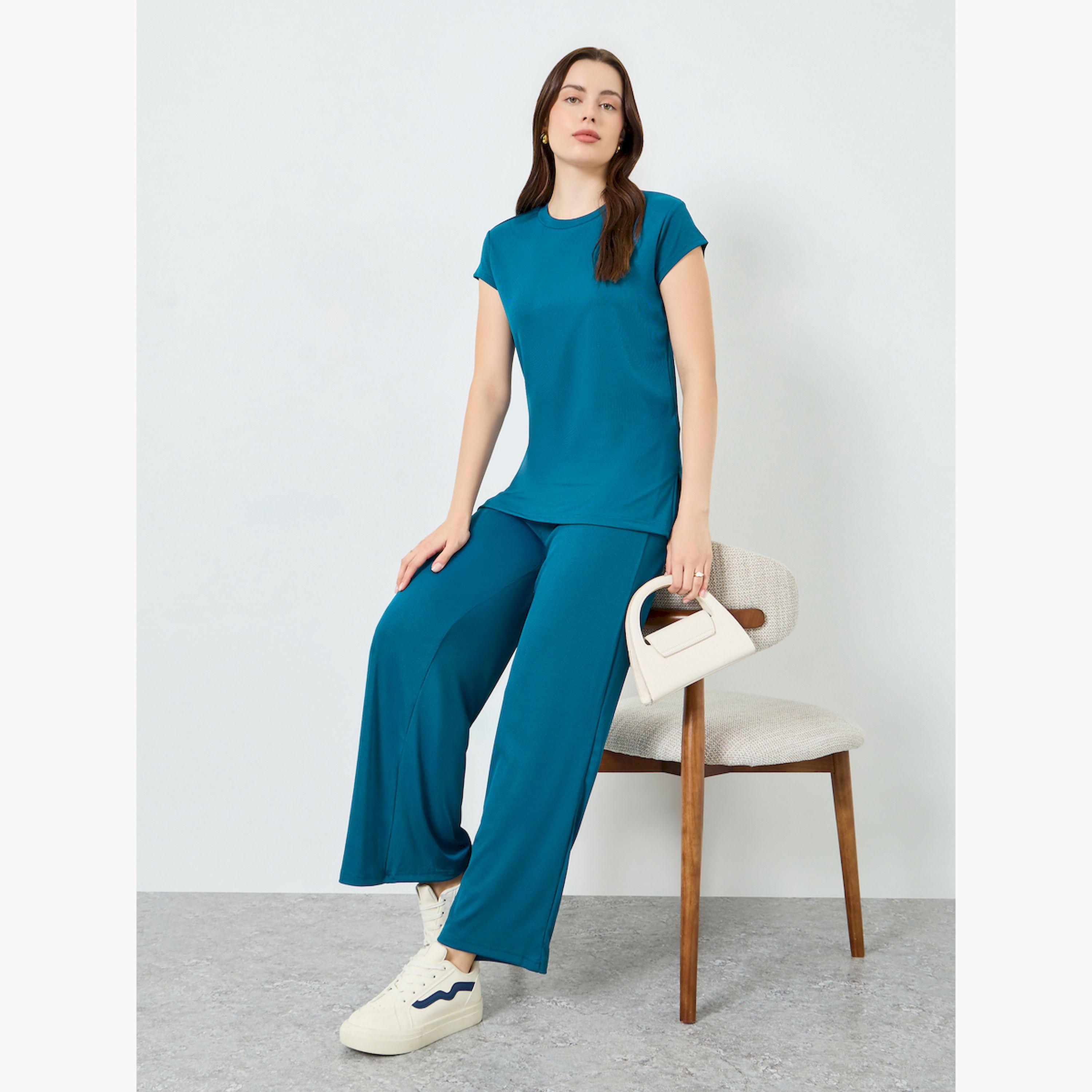 Styli Women Blue Ribbed Wide Leg Joggers-women-clothing-bottoms-joggers-image-3