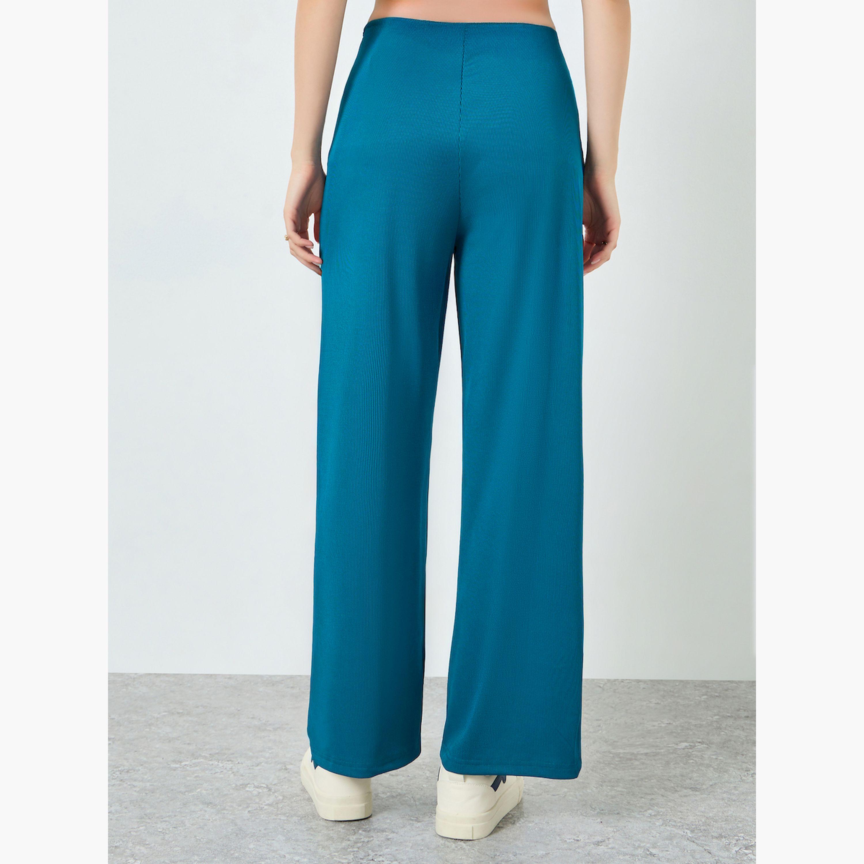 Styli Women Blue Ribbed Wide Leg Joggers-women-clothing-bottoms-joggers-image-5