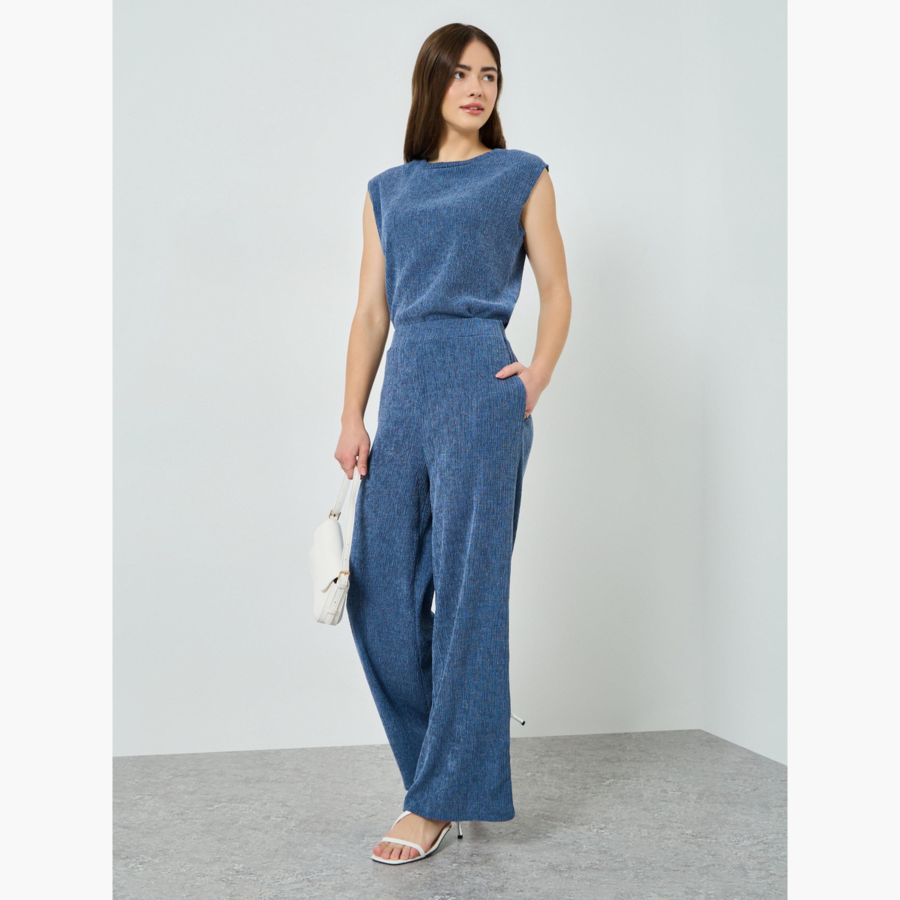 Styli Blue Textured Wide Leg Knit Joggers-men-clothing-bottoms-joggers-image-2