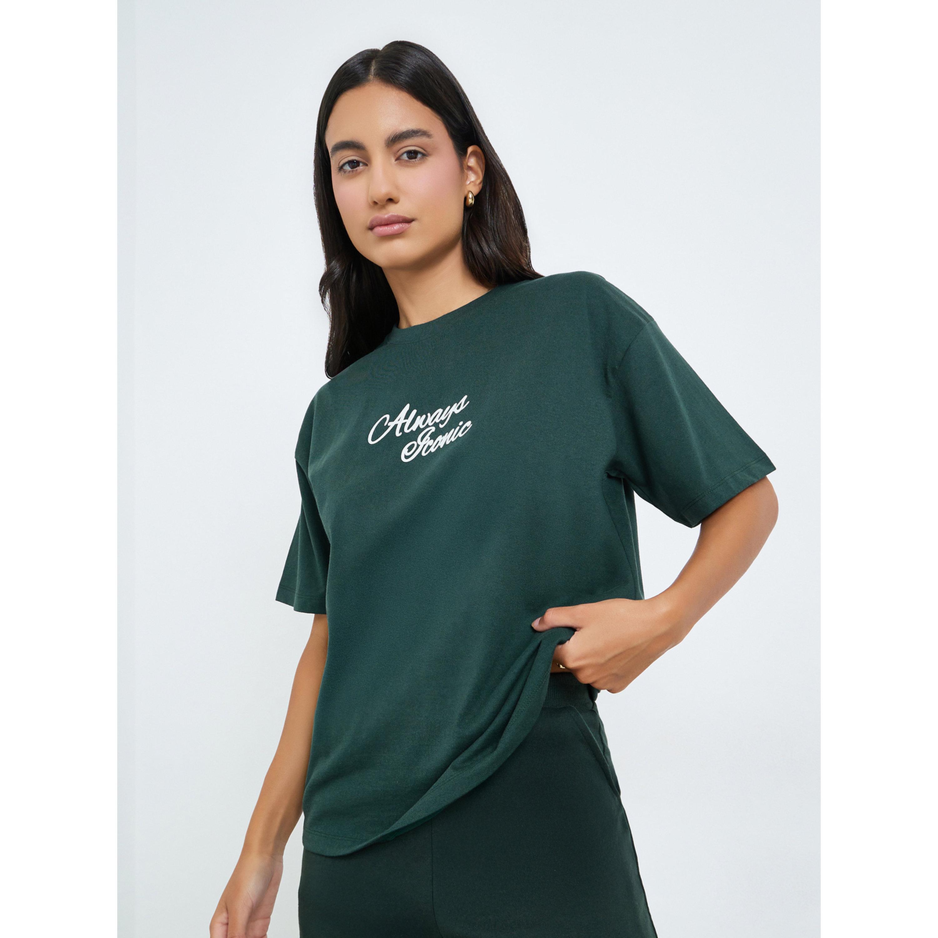 Styli Dark Green Slogan Print Oversized T-Shirt-women-clothing-tshirts-image-1