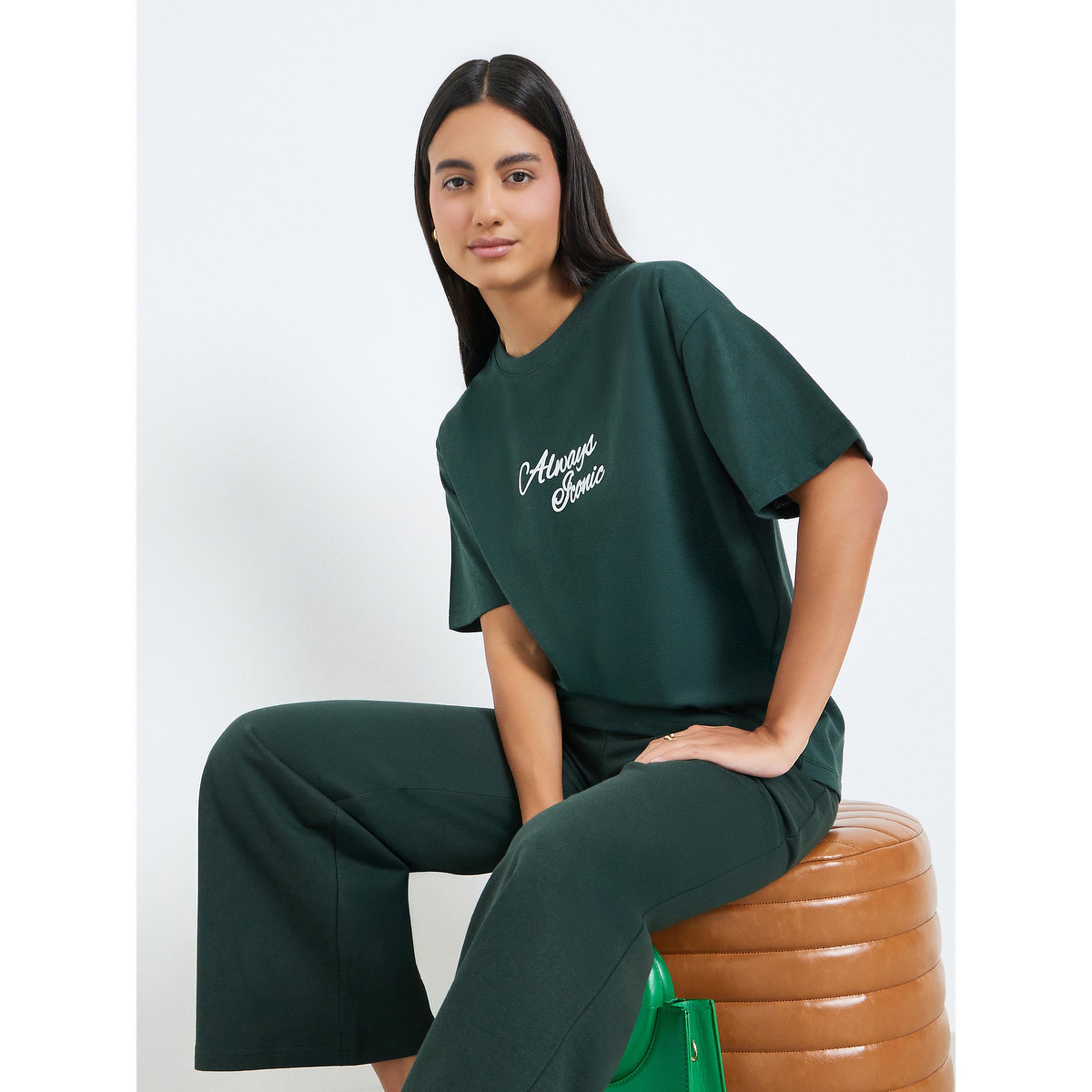 Styli Dark Green Slogan Print Oversized T-Shirt-women-clothing-tshirts-image-3