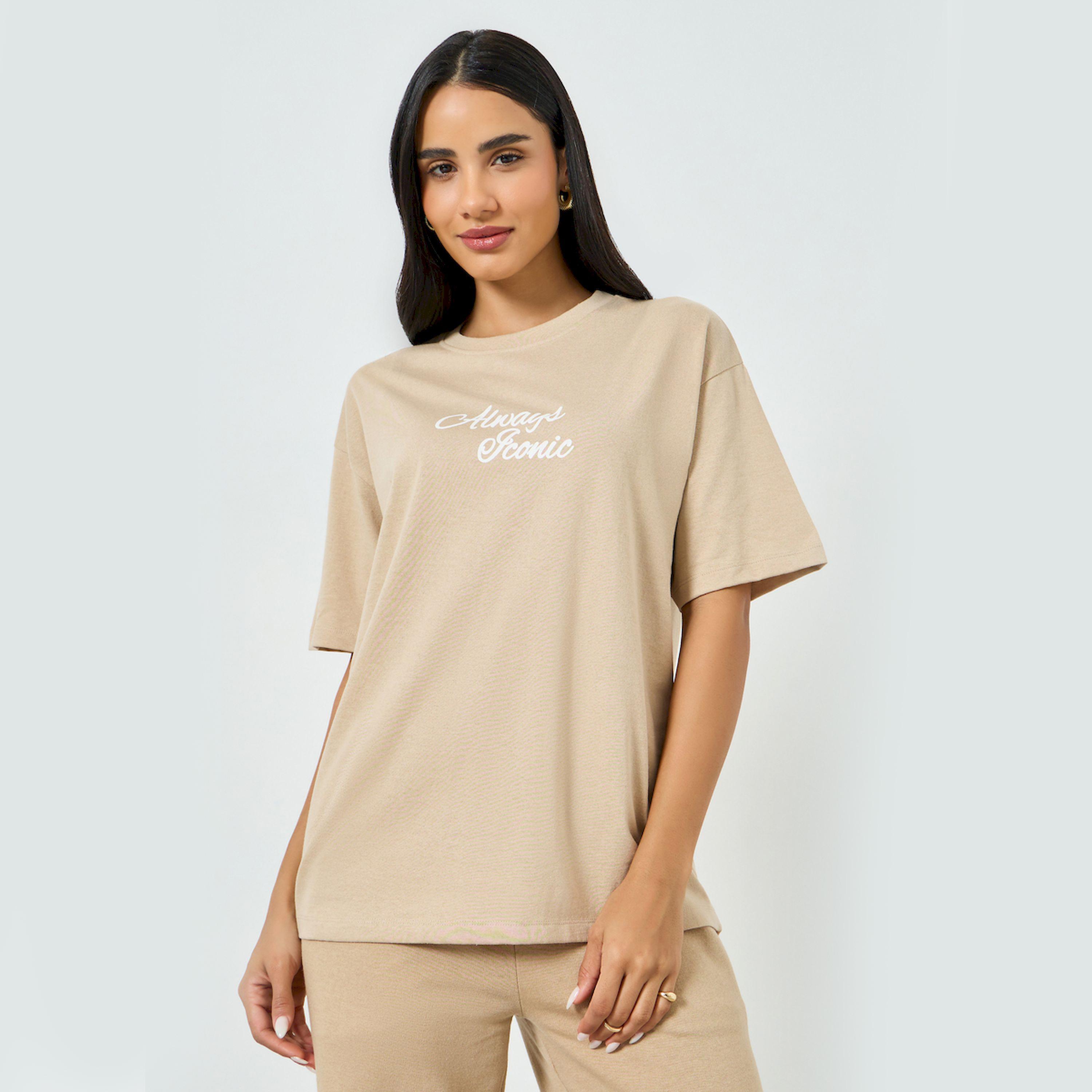 Styli Beige Slogan Print Oversized T-Shirt-women-clothing-tshirts-image-1