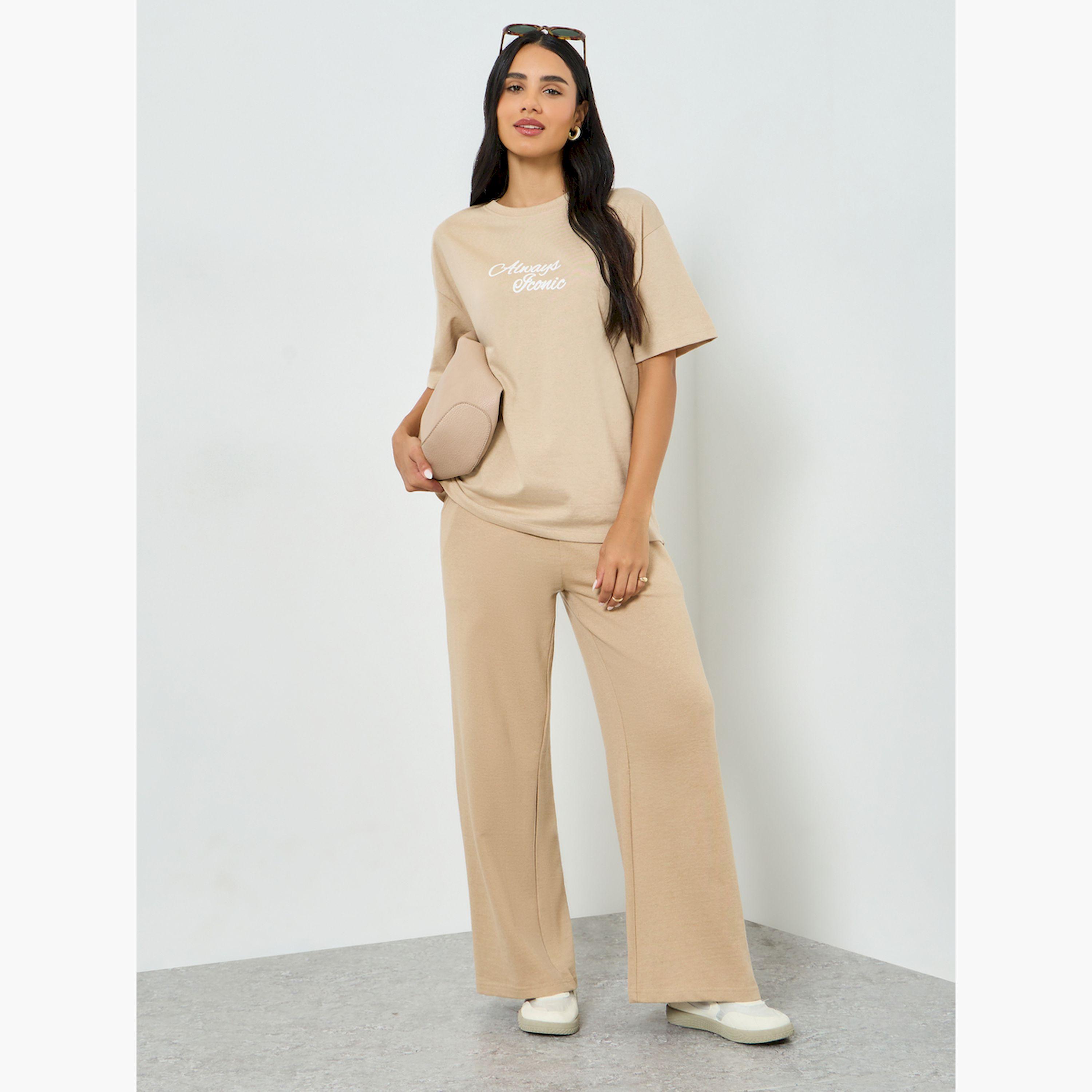 Styli Beige Slogan Print Oversized T-Shirt-women-clothing-tshirts-image-2