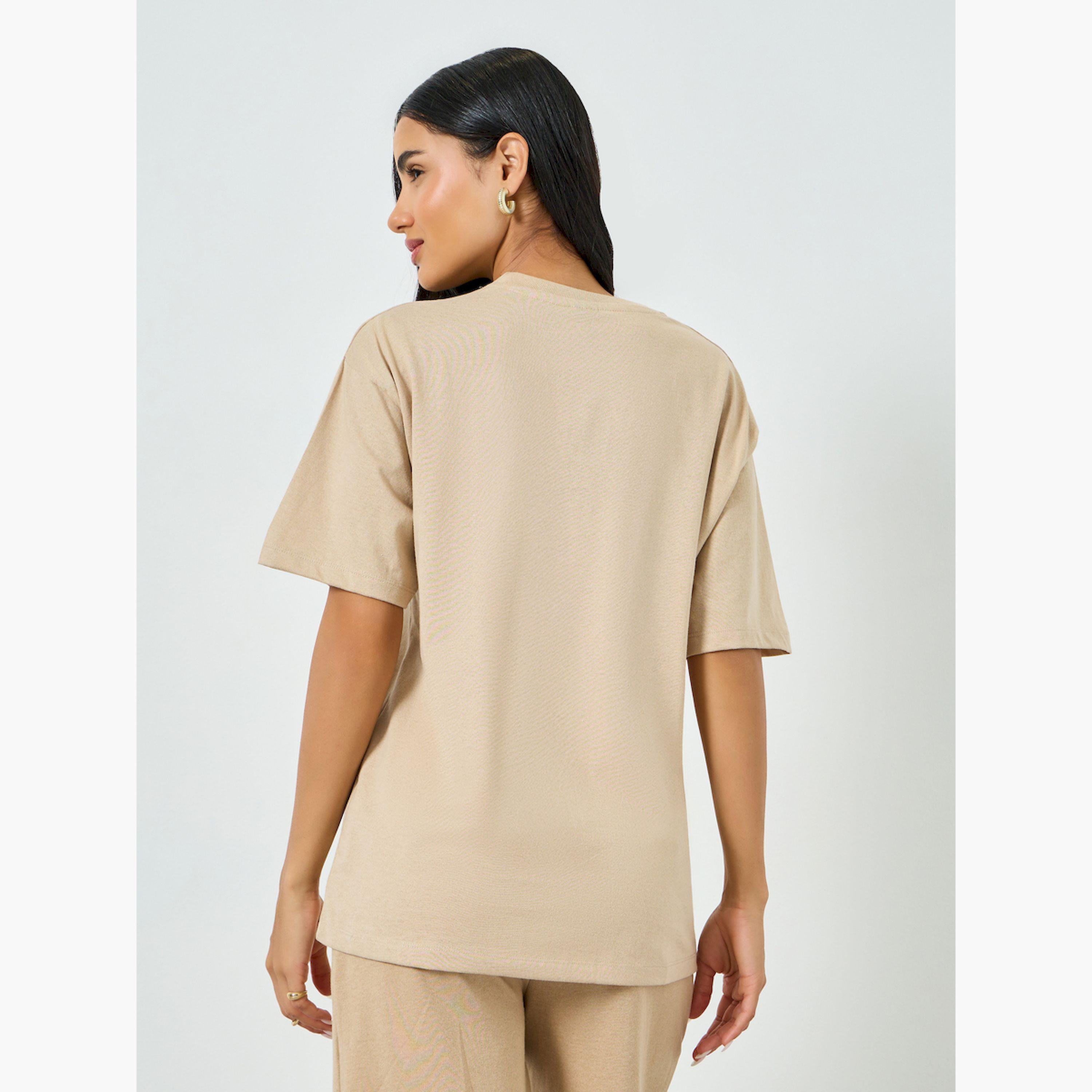 Styli Beige Slogan Print Oversized T-Shirt-women-clothing-tshirts-image-4