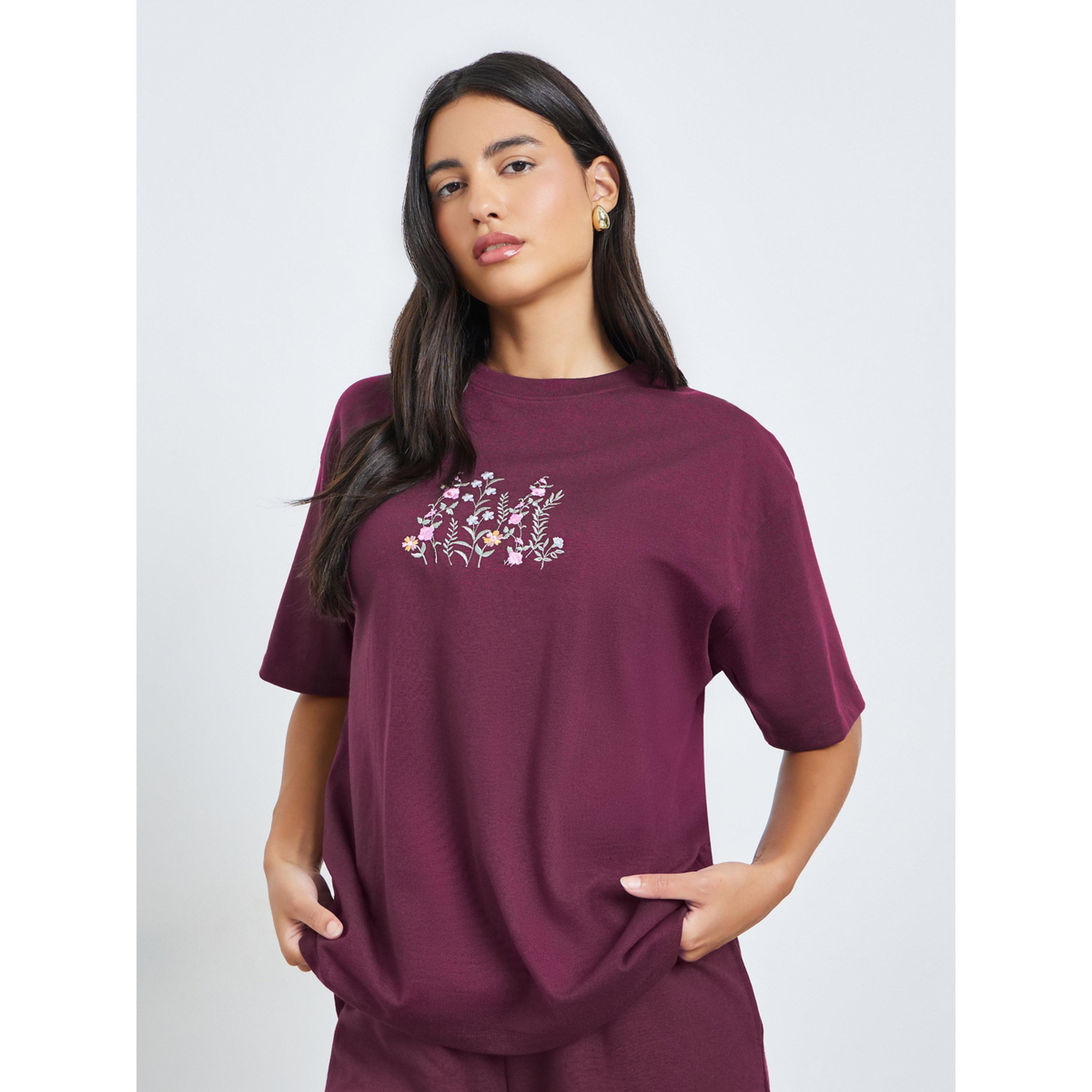 Styli Burgundy Embroidered Floral Oversized T-Shirt-women-clothing-tshirts-image-1