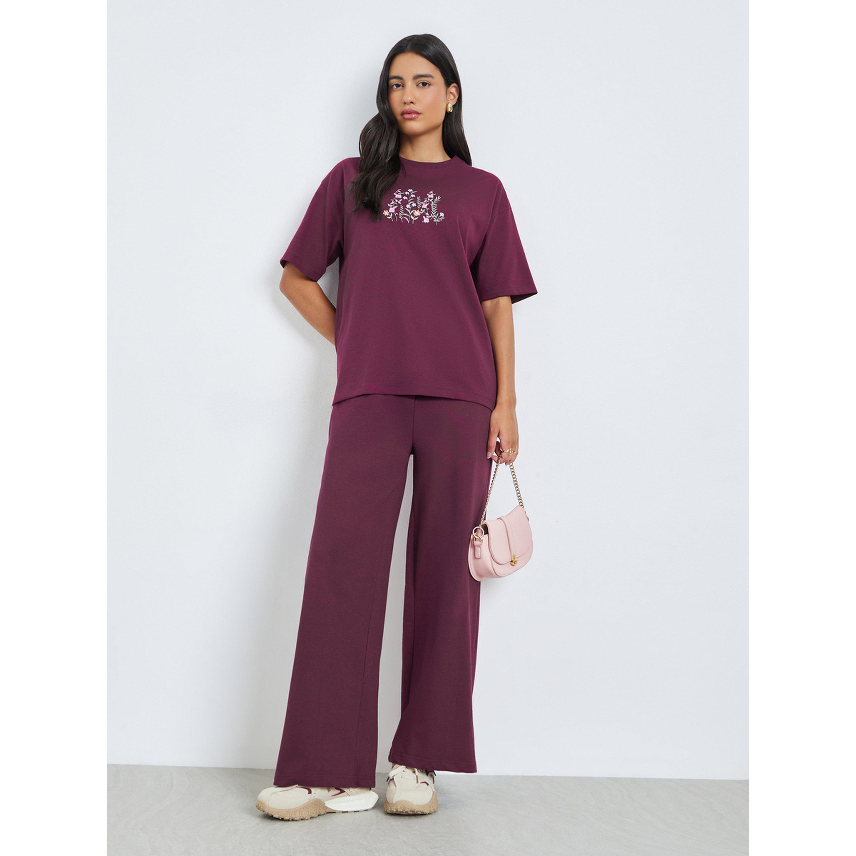 Styli Burgundy Embroidered Floral Oversized T-Shirt-women-clothing-tshirts-image-2