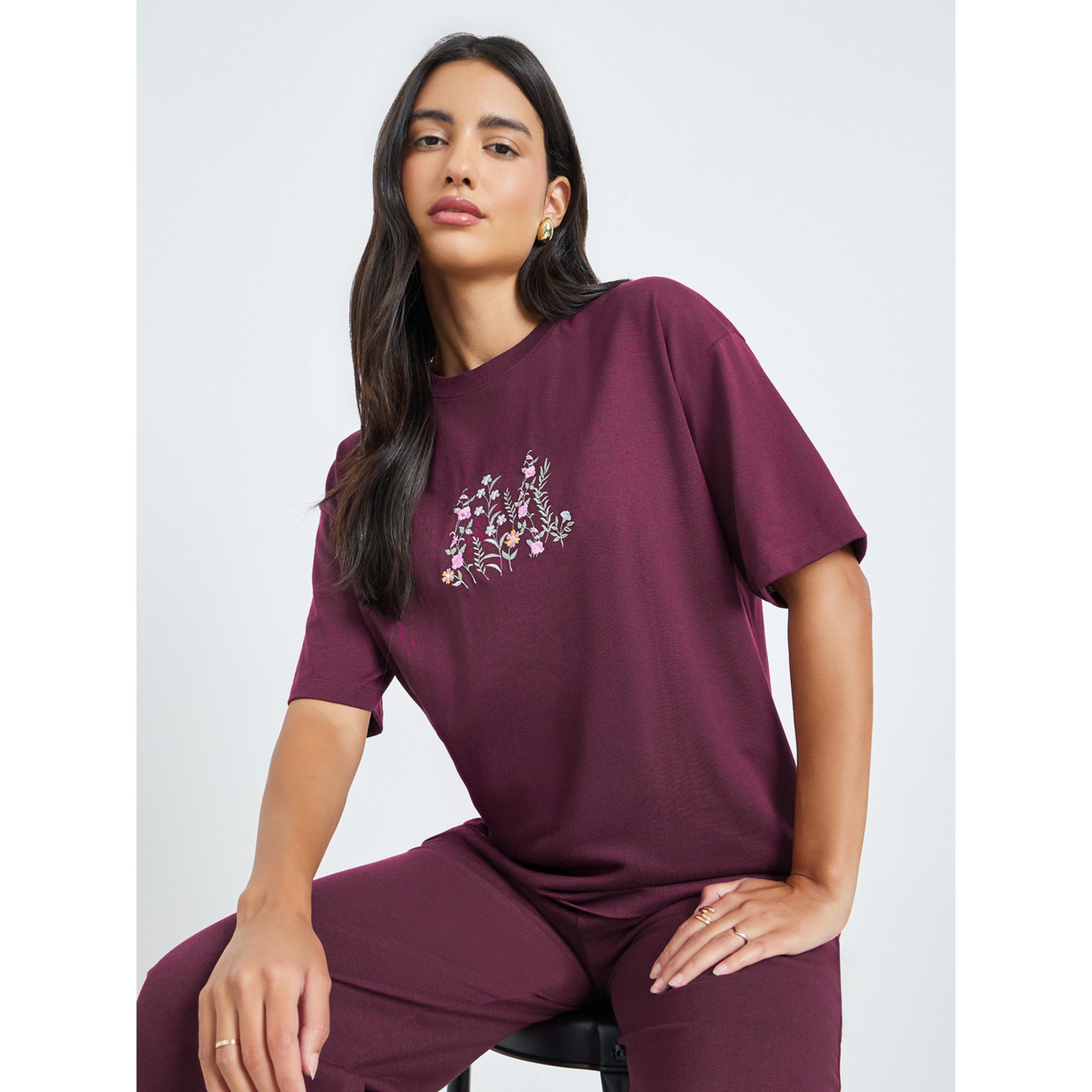 Styli Burgundy Embroidered Floral Oversized T-Shirt-women-clothing-tshirts-image-3