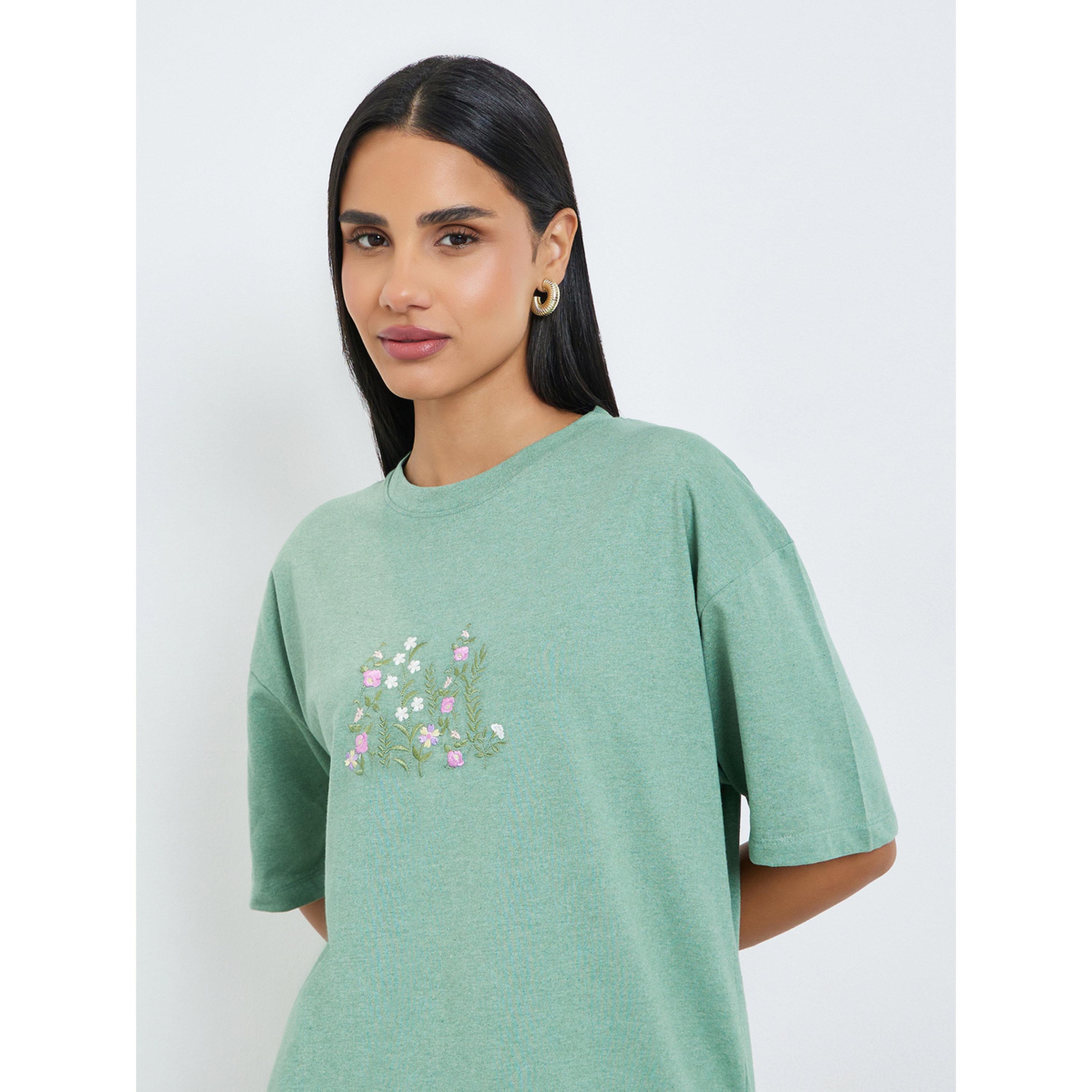 Styli Green Embroidered Floral Oversized T-Shirt-women-clothing-tshirts-image-3