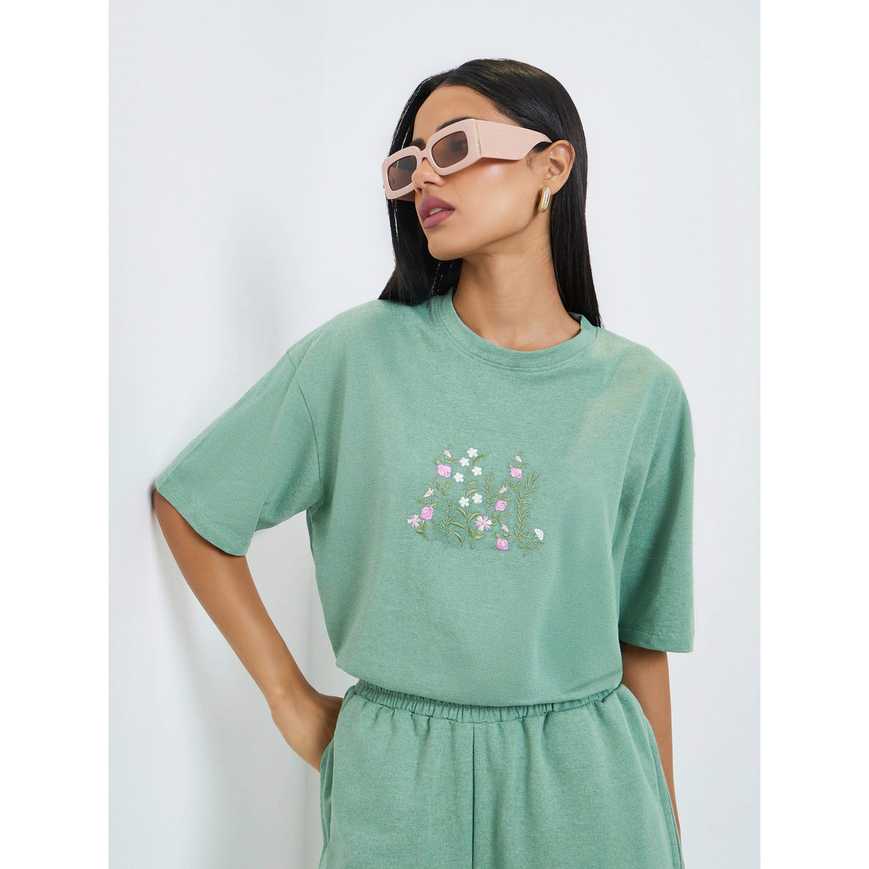 Styli Green Embroidered Floral Oversized T-Shirt-women-clothing-tshirts-image-4