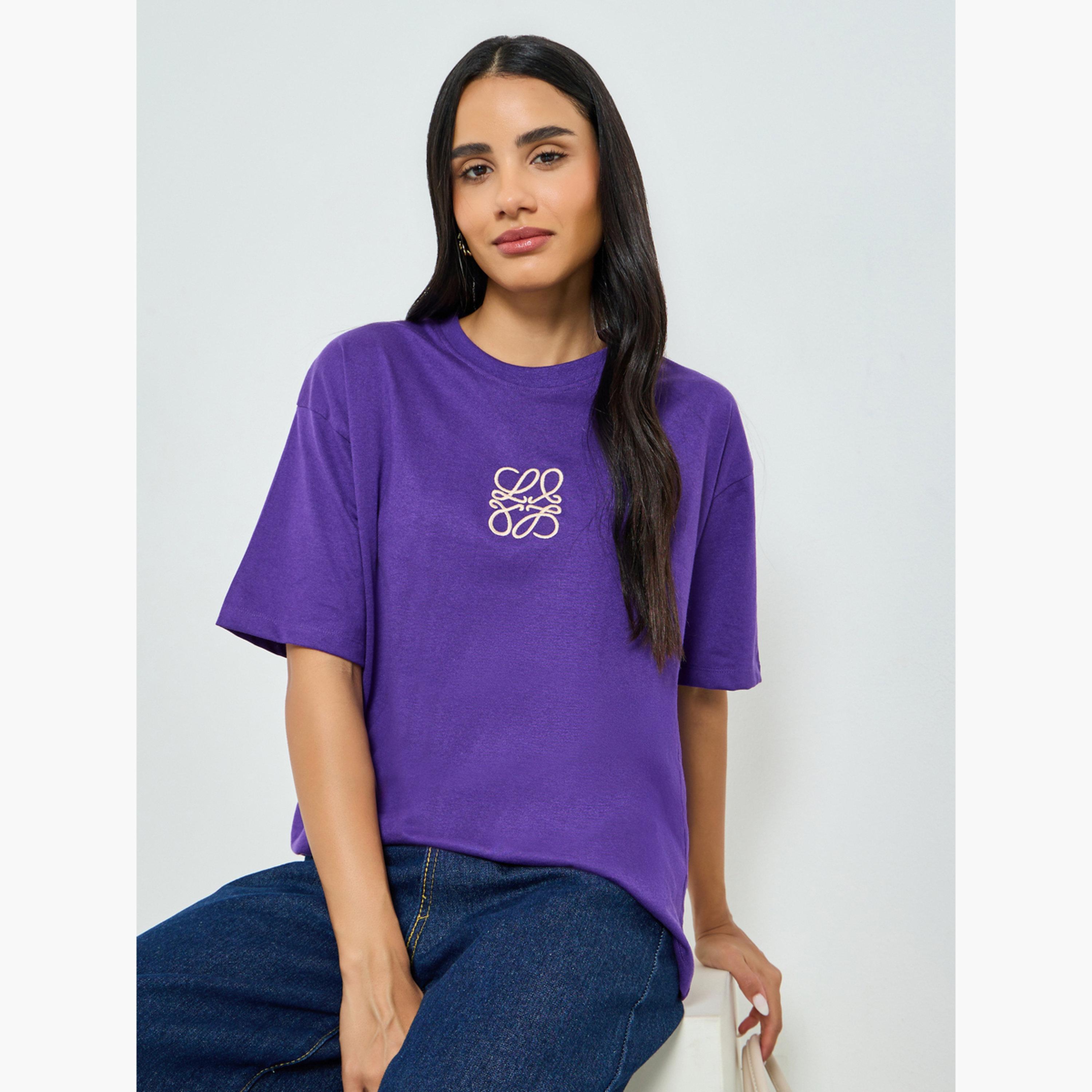 Styli Purple Embroidered Detail Oversized T-Shirt-women-clothing-tshirts-image-3