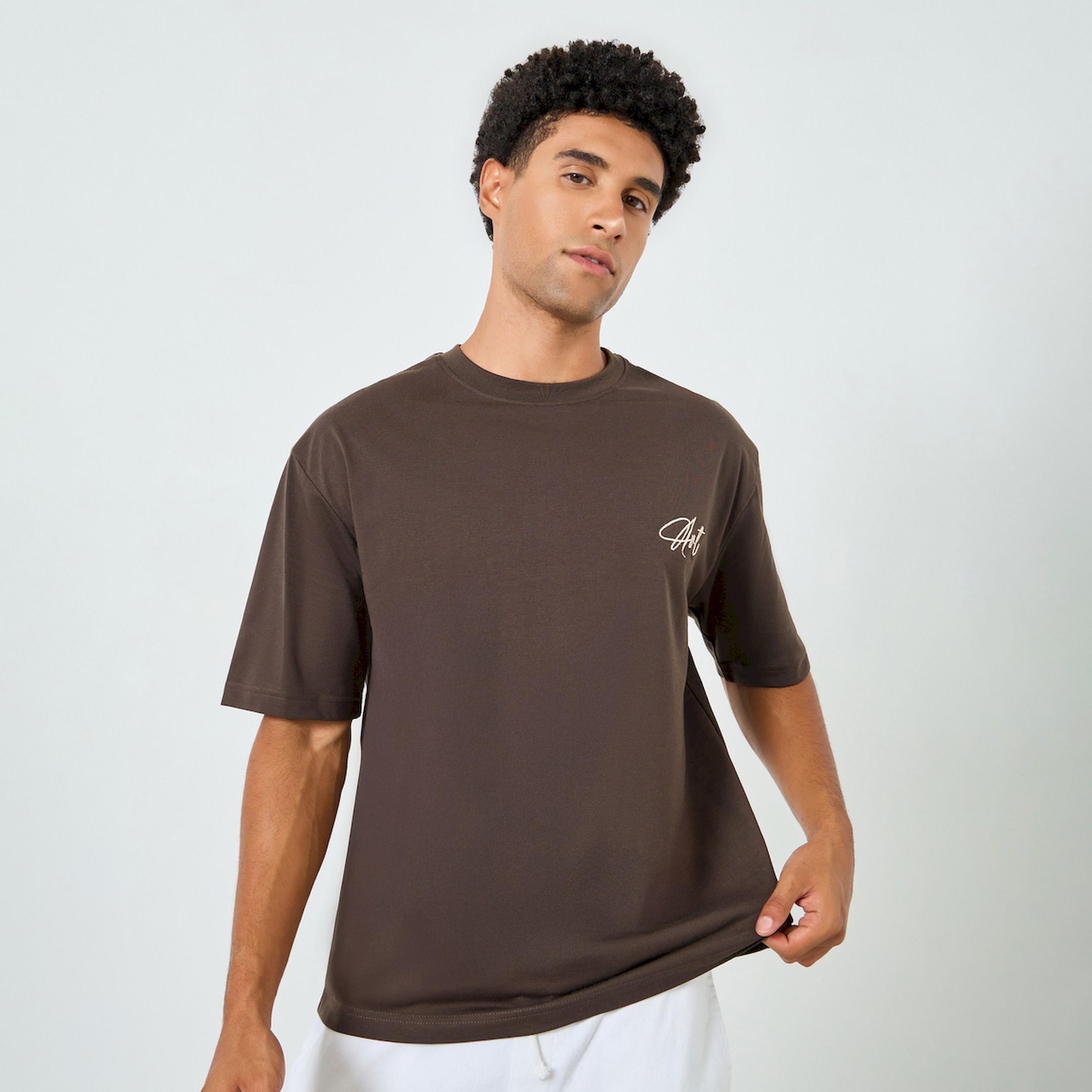 Styli Men Brown Oversized Embroidered T-Shirt-men-clothing-tshirtsandpolos-tshirts-image-1