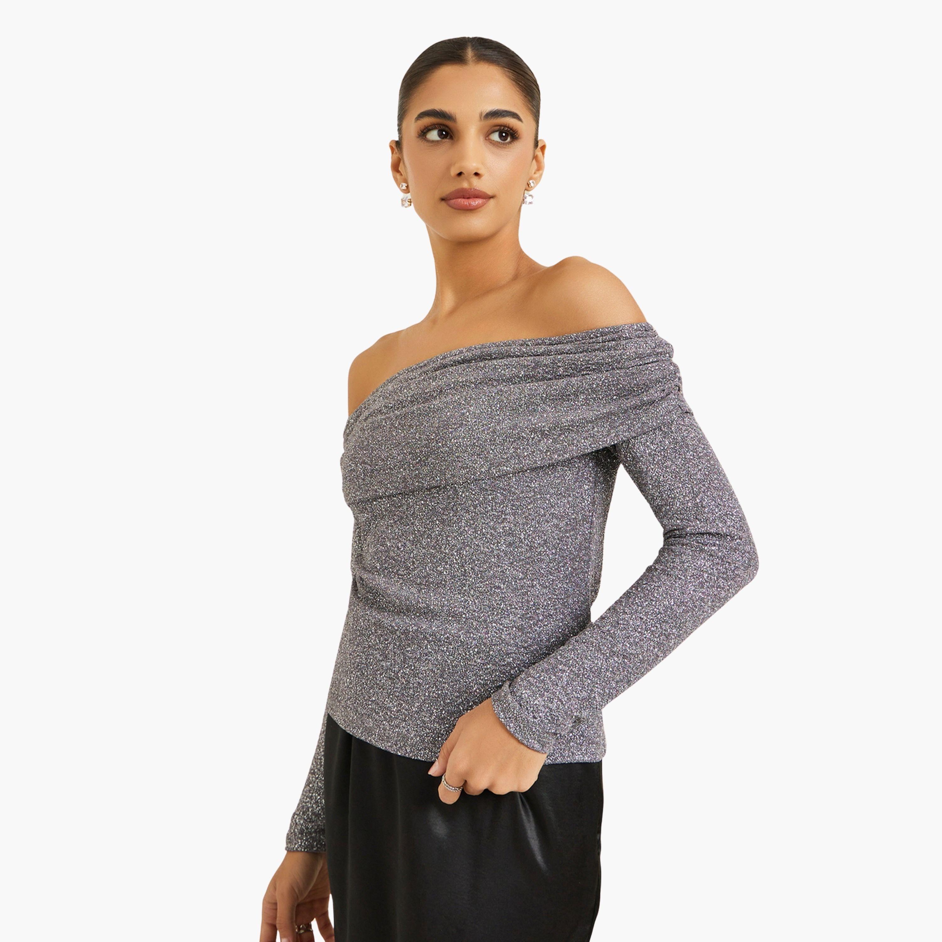 Styli Women Grey Shimmer Off Shoulder Top-women-clothing-shirtsandblouses-blouses-image-1