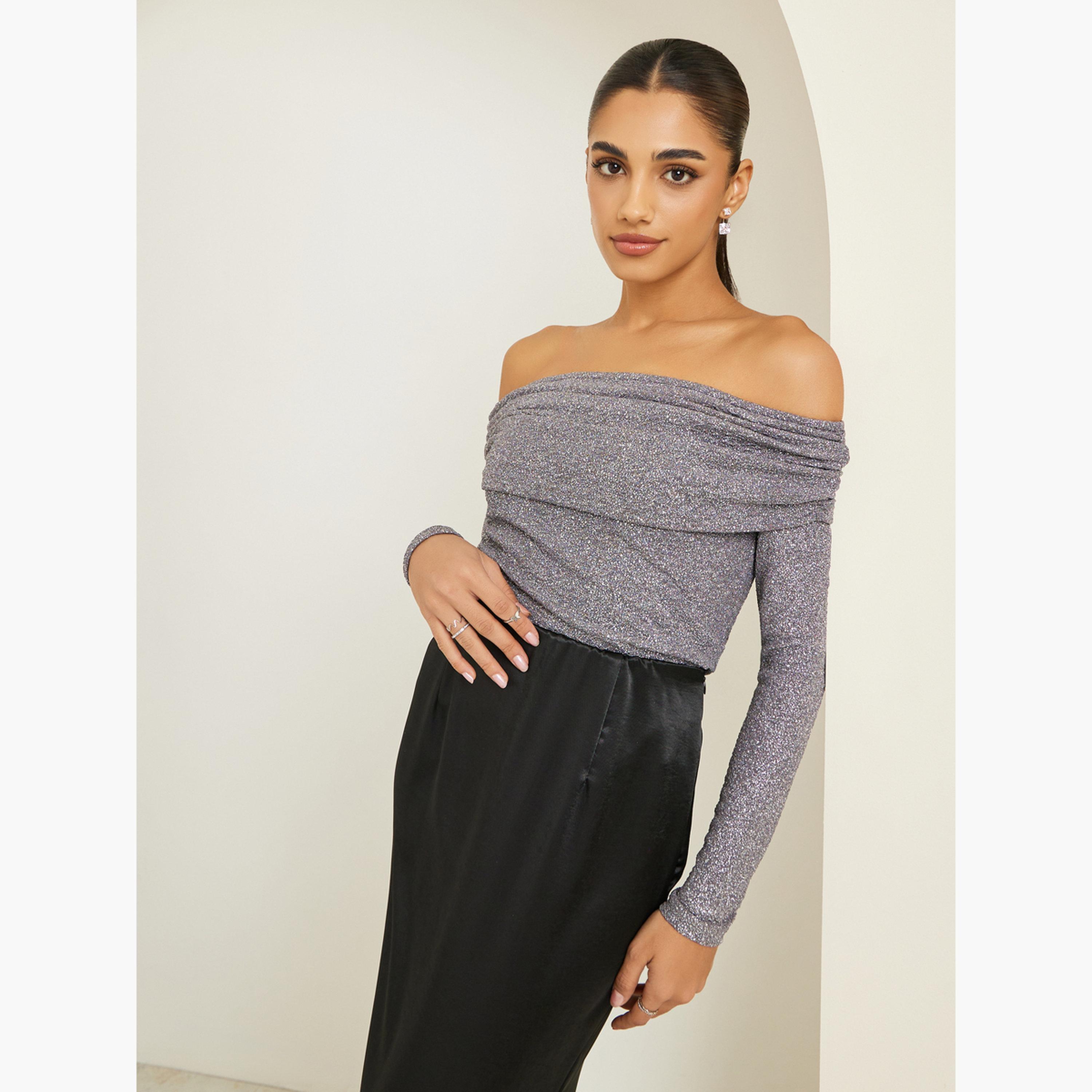 Styli Women Grey Shimmer Off Shoulder Top-women-clothing-shirtsandblouses-blouses-image-3