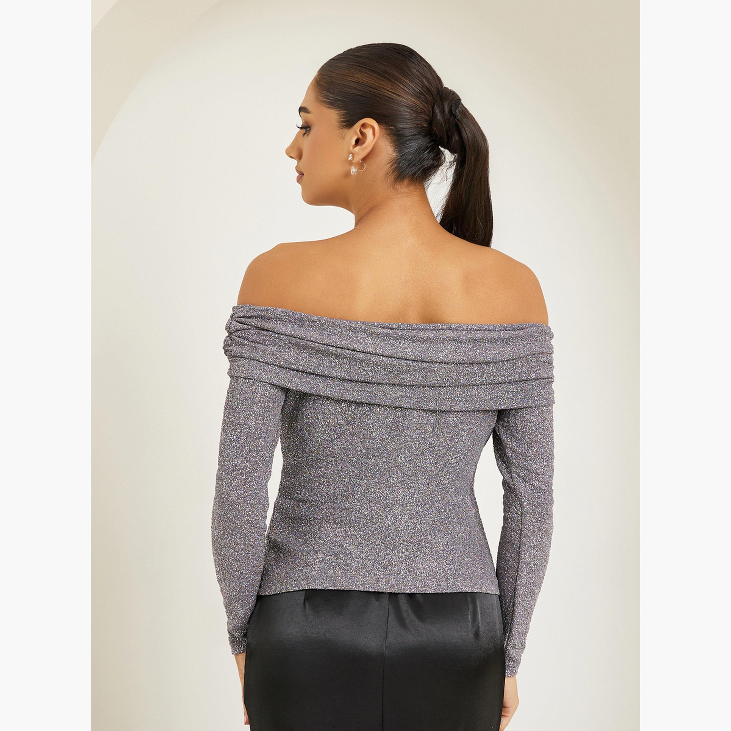 Styli Women Grey Shimmer Off Shoulder Top-women-clothing-shirtsandblouses-blouses-image-5