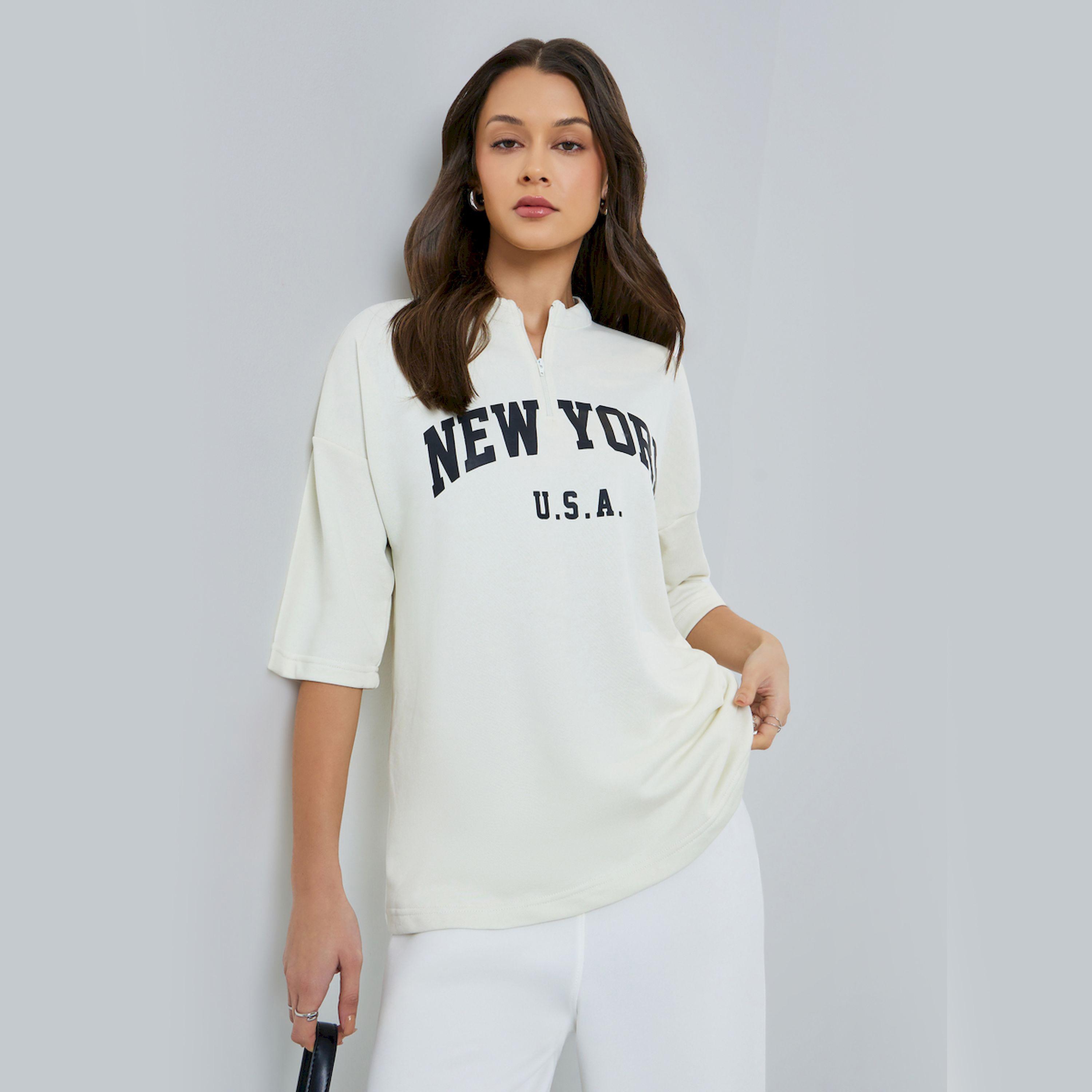 Styli Off White Oversized Slogan T-Shirt with Zip Neckline-women-clothing-tshirts-image-1