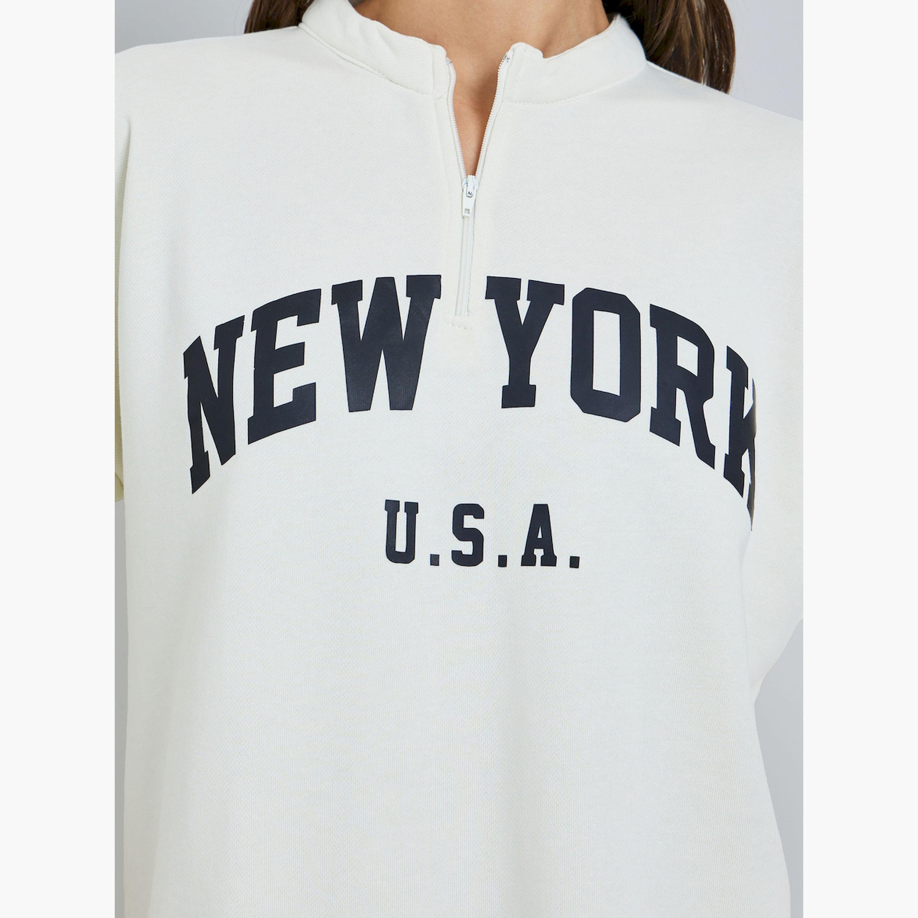 Styli Off White Oversized Slogan T-Shirt with Zip Neckline-women-clothing-tshirts-image-4