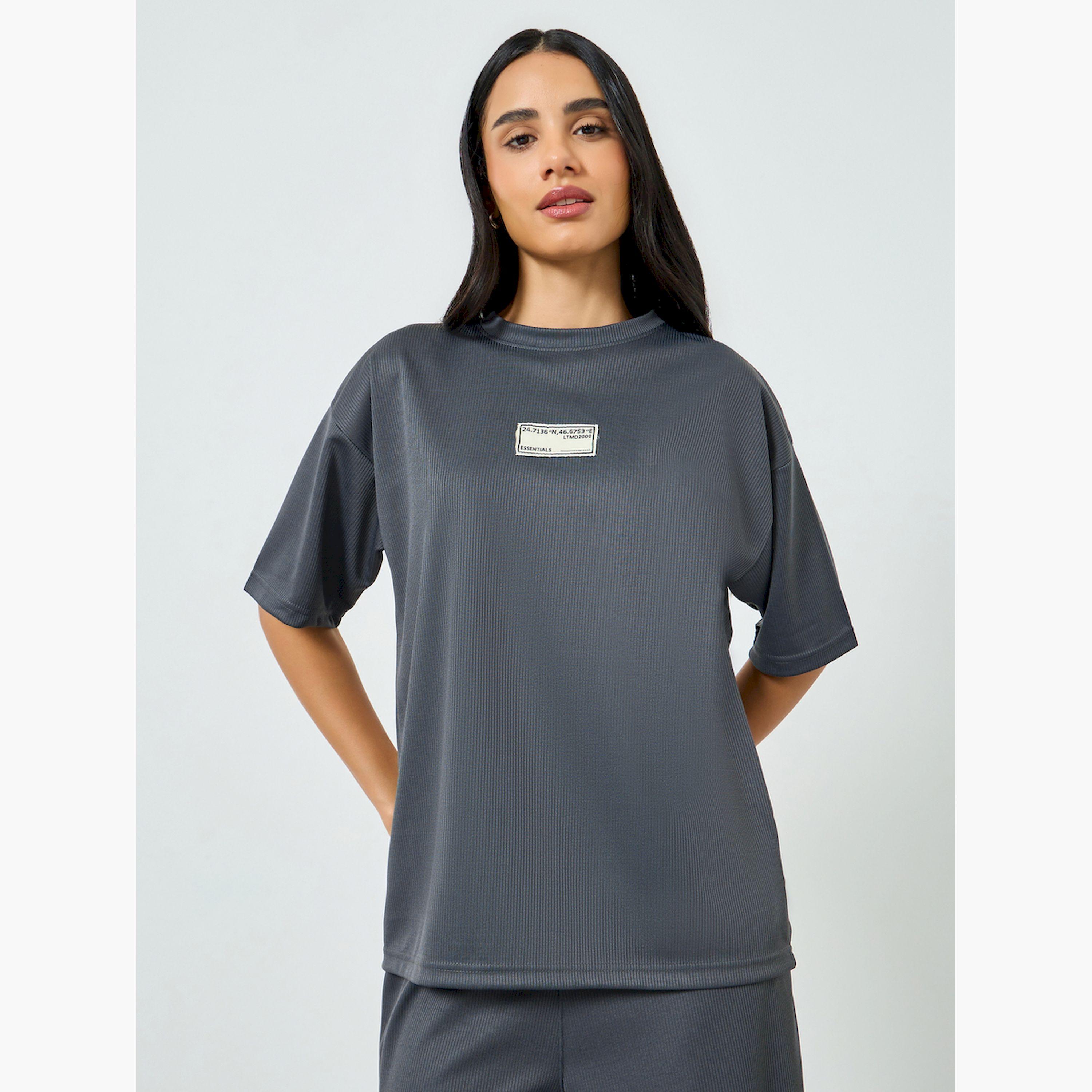 Styli Grey Oversized T-Shirt with Badge Detail-women-clothing-tshirts-image-1