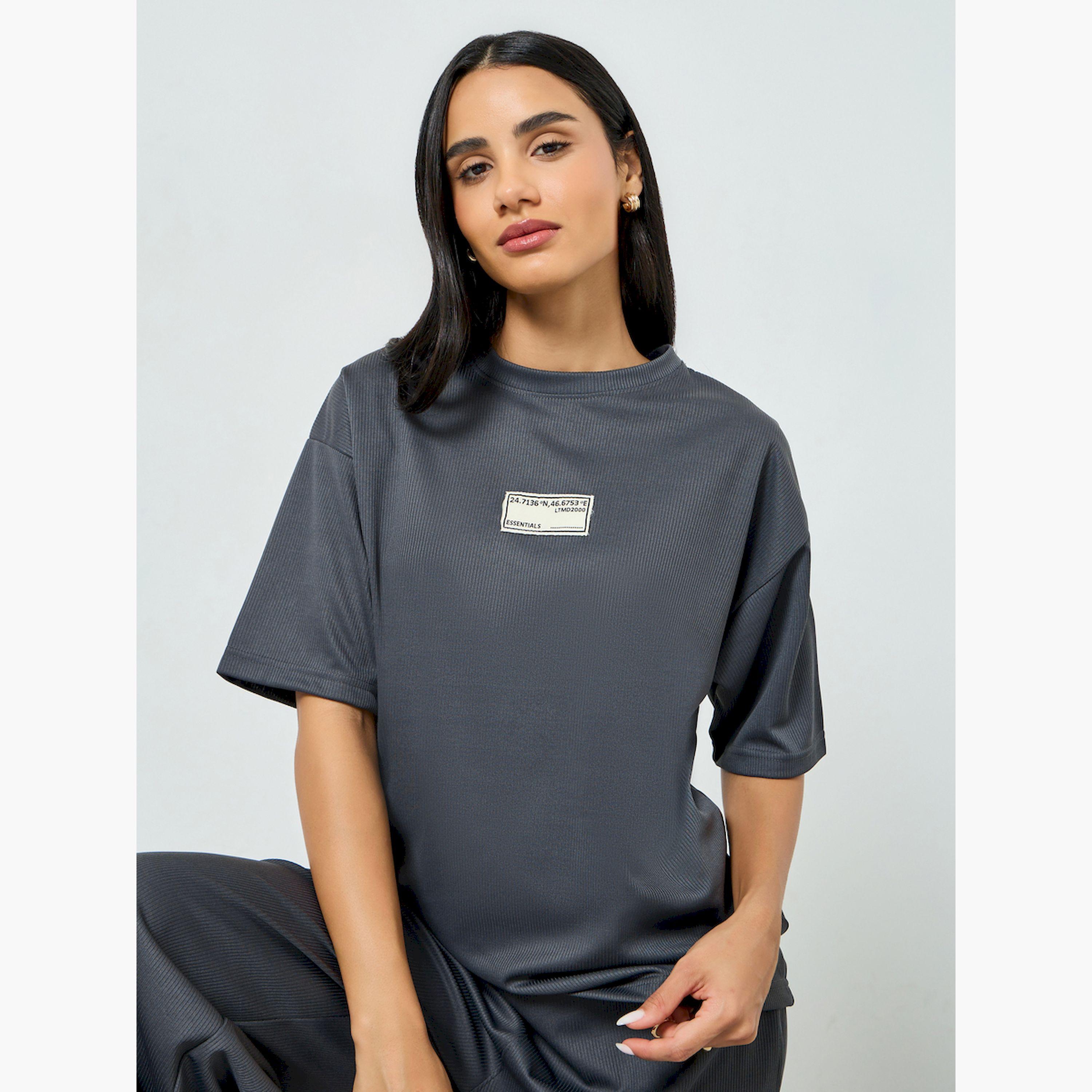 Styli Grey Oversized T-Shirt with Badge Detail-women-clothing-tshirts-image-3