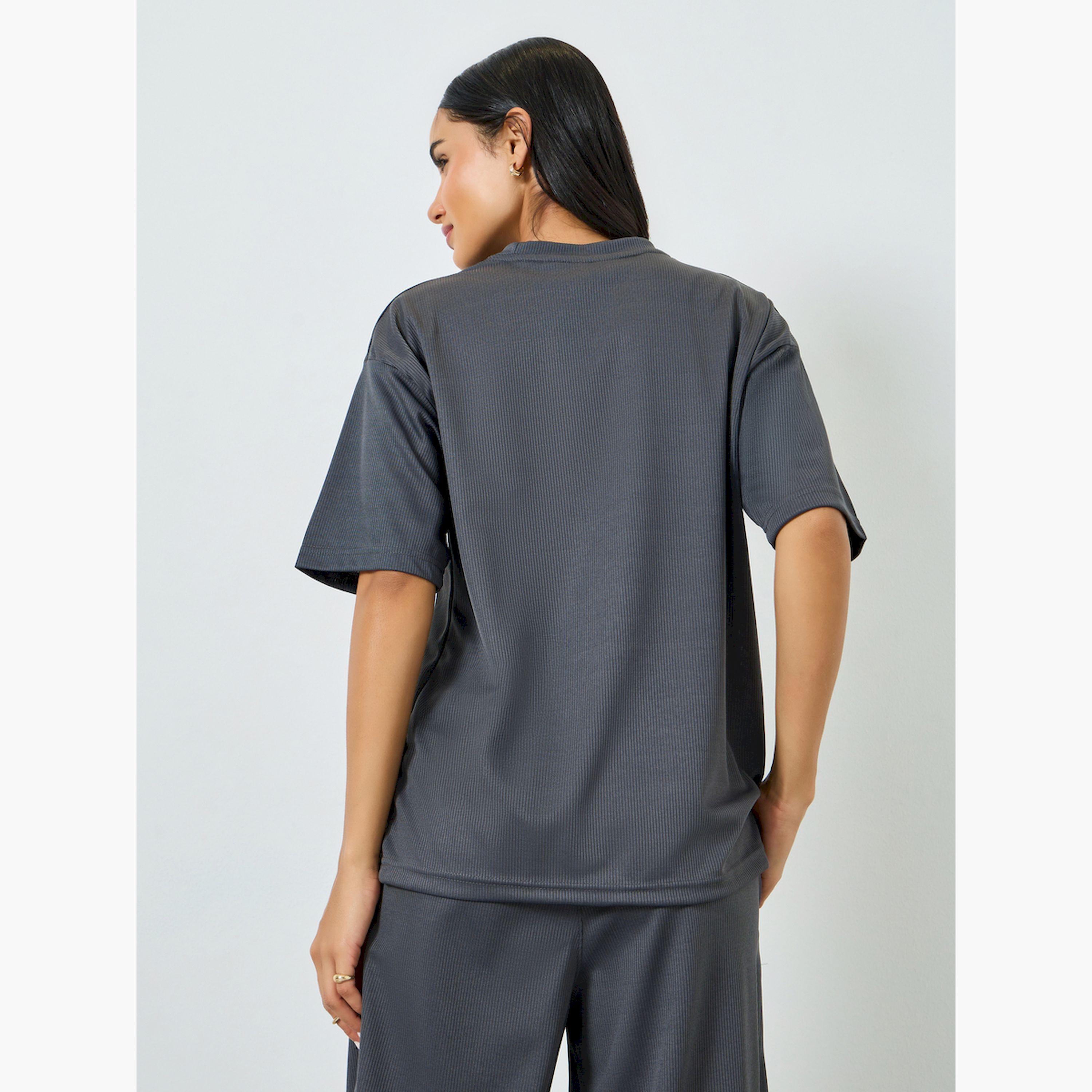 Styli Grey Oversized T-Shirt with Badge Detail-women-clothing-tshirts-image-4
