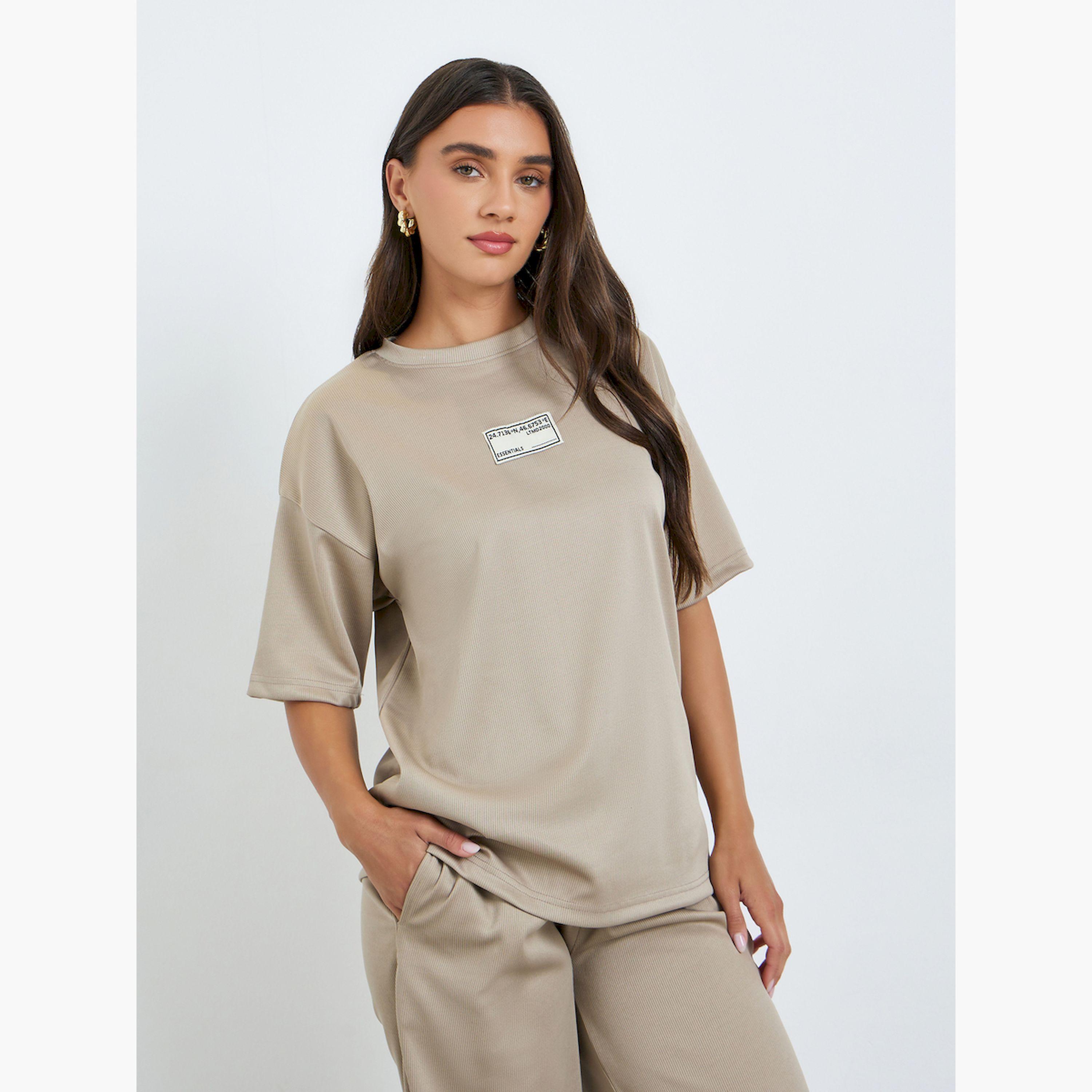 Styli Khaki Oversized T-Shirt with Badge Detail-women-clothing-tshirts-image-1