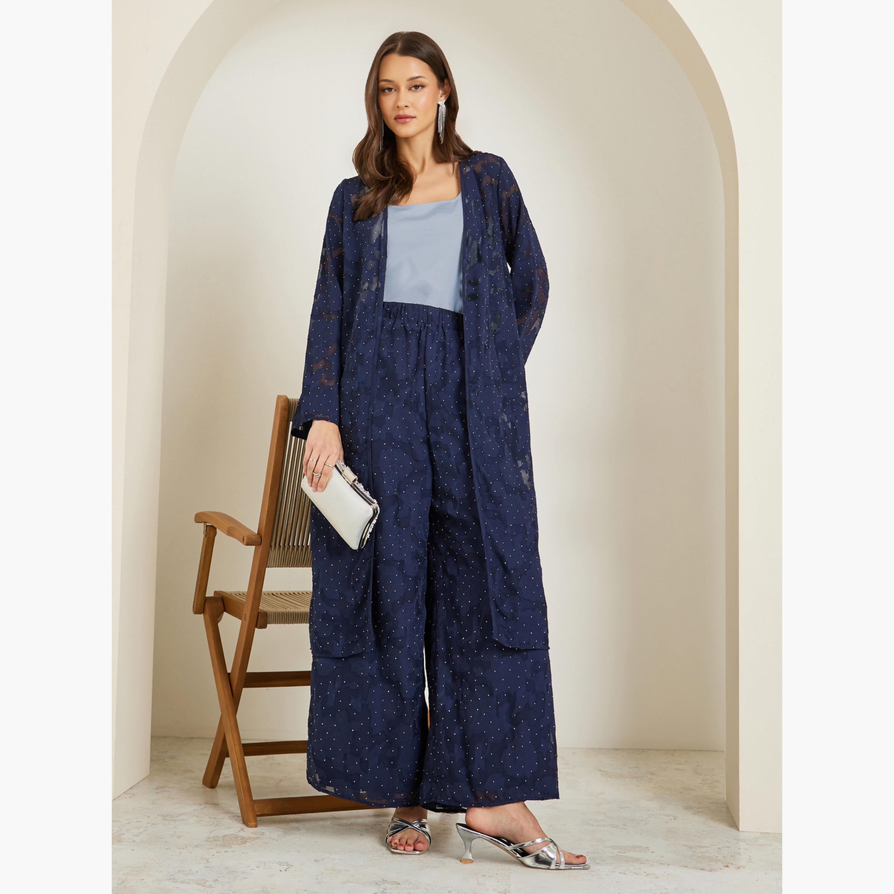 Styli Navy Studded Jacquard Kimono and Pants Co-ords-women-clothing-coordsets-image-1