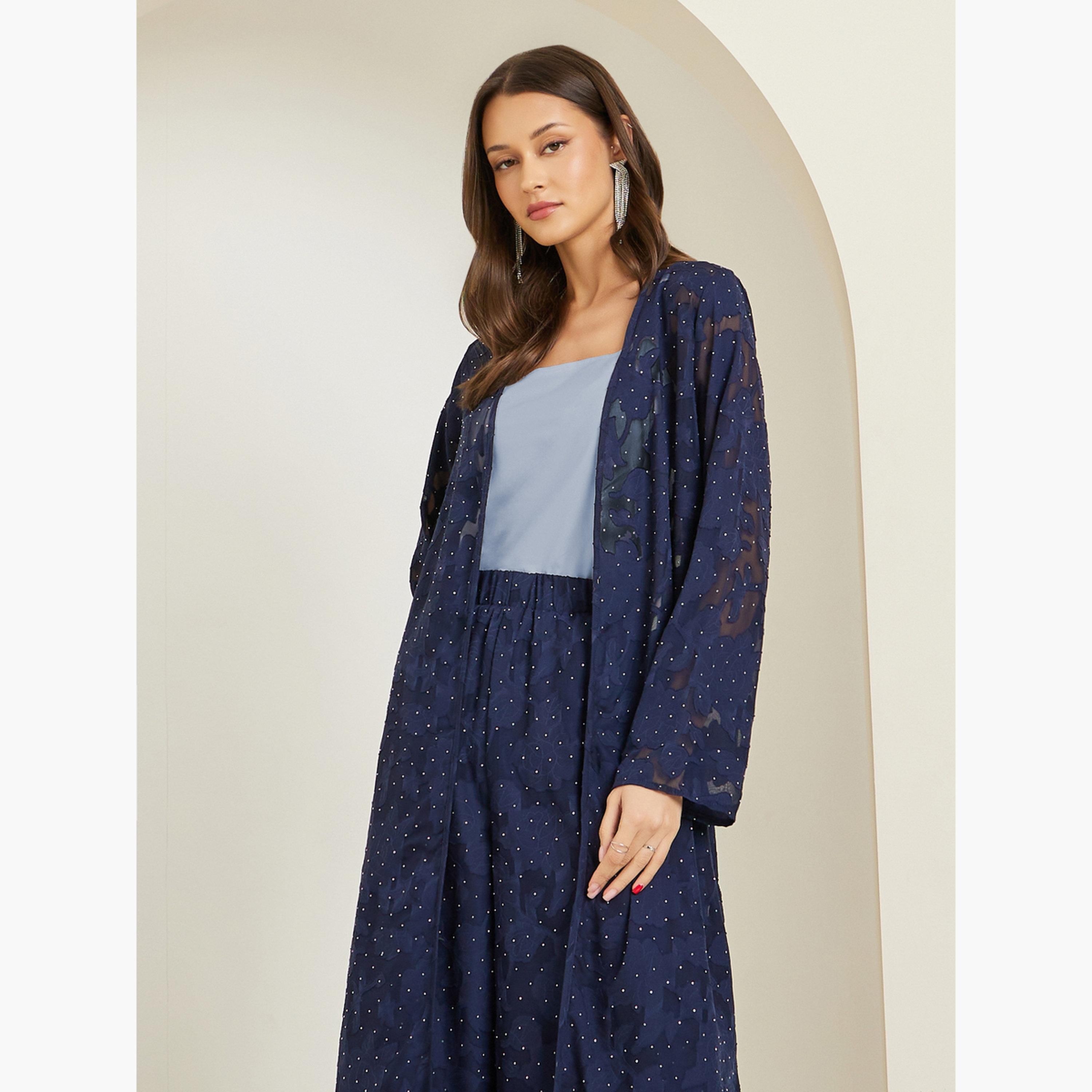 Styli Navy Studded Jacquard Kimono and Pants Co-ords-women-clothing-coordsets-image-2