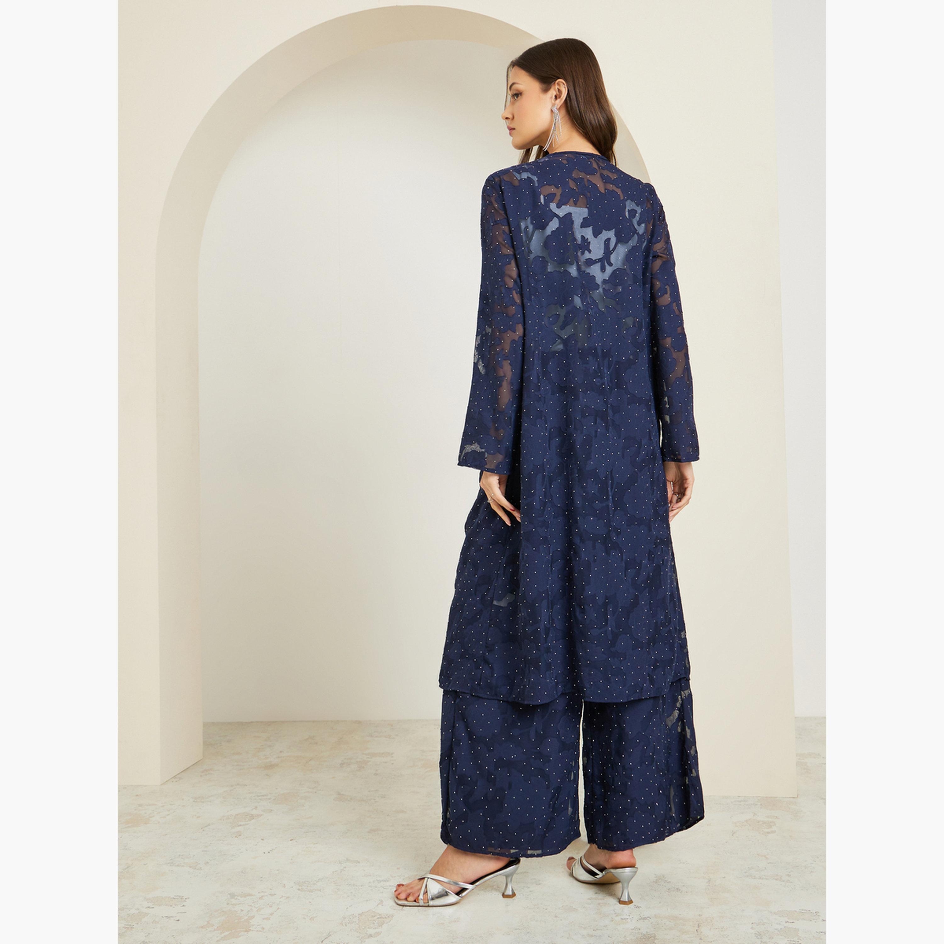 Styli Navy Studded Jacquard Kimono and Pants Co-ords-women-clothing-coordsets-image-5