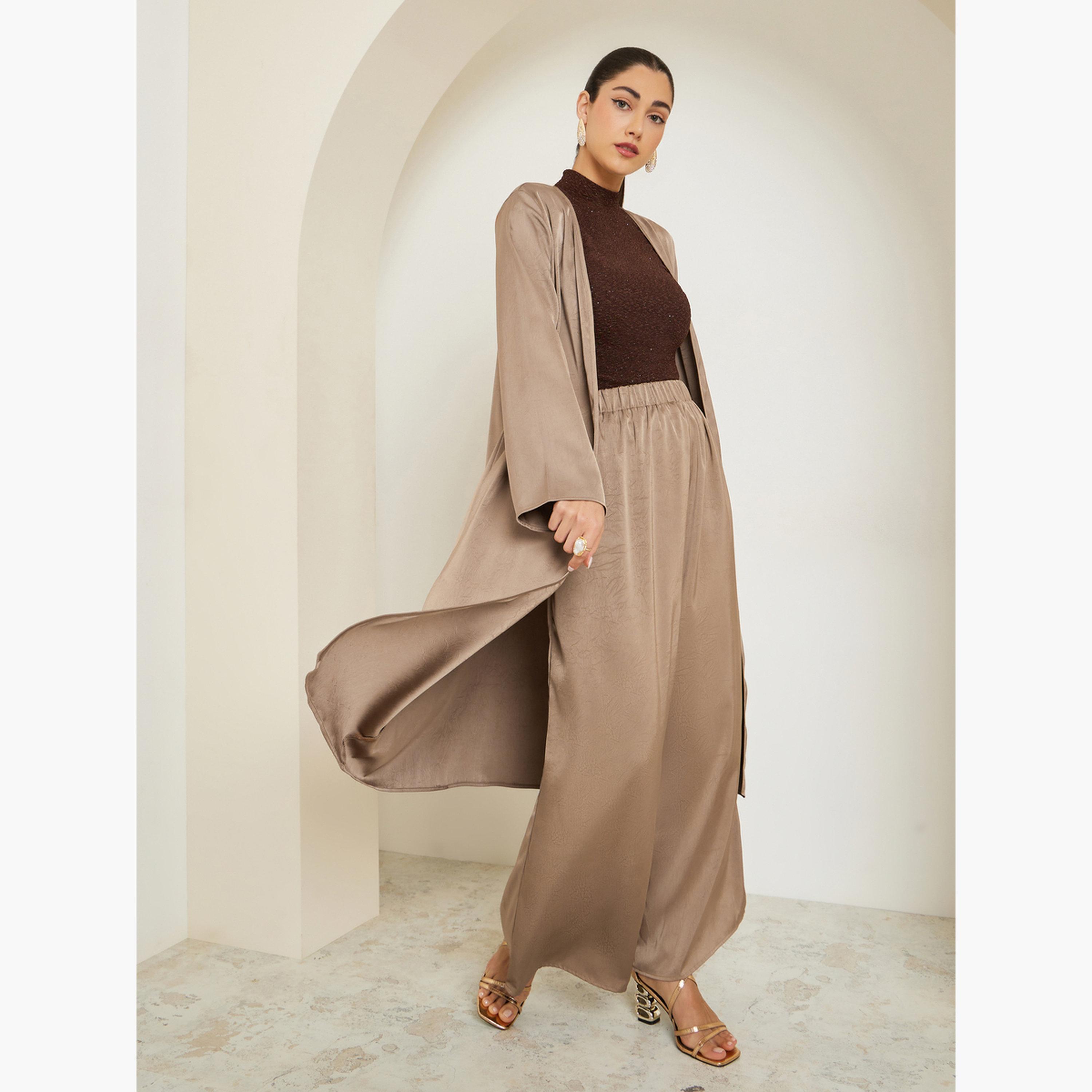 Styli Brown Satin Kimono and Wide Leg Pants Set-women-clothing-coordsets-image-2