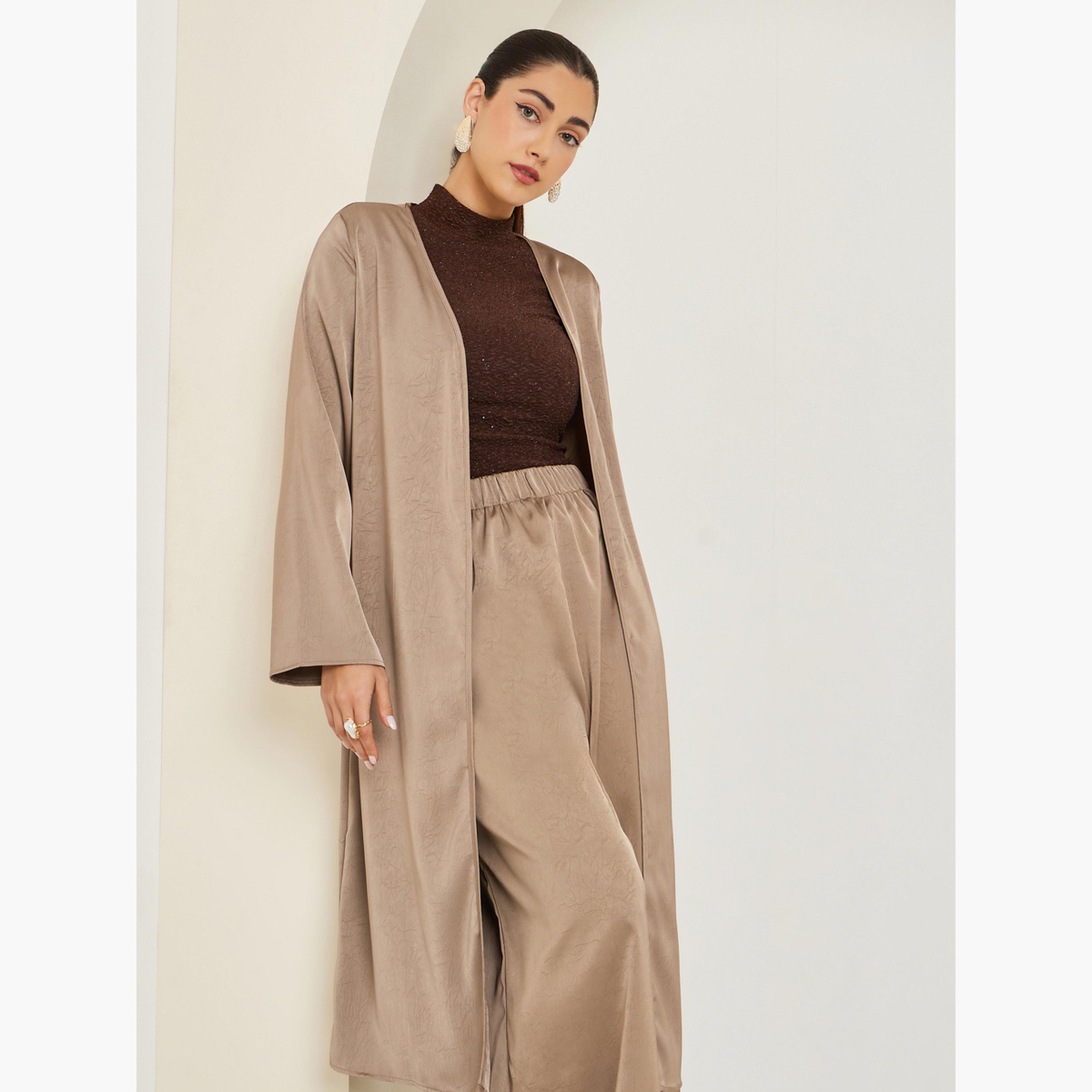 Styli Brown Satin Kimono and Wide Leg Pants Set-women-clothing-coordsets-image-3